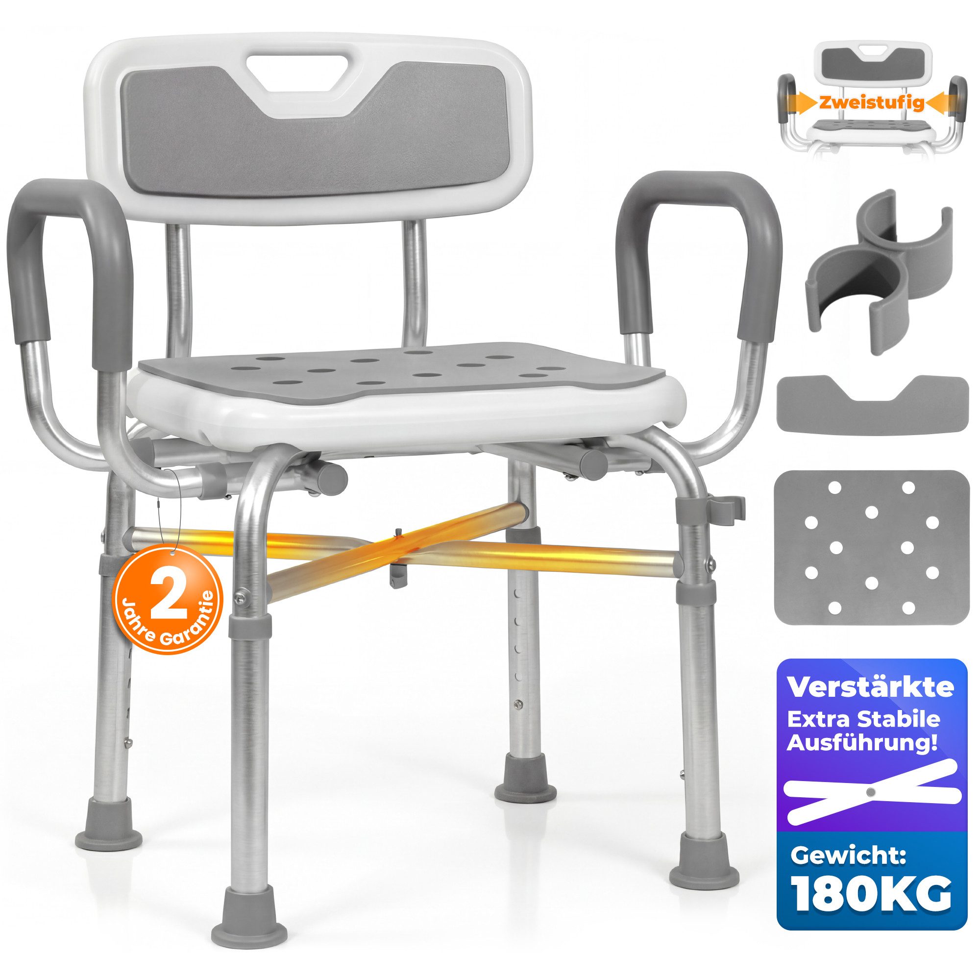HOMECALL Duschstuhl Duschhocker Höhenverstellbar&Breitenverstellbar Badhocker-Aluminium, bis 180KG mit Brausehalterung, Anti-Rutsch Füße & Matten(54,2-58 cm)
