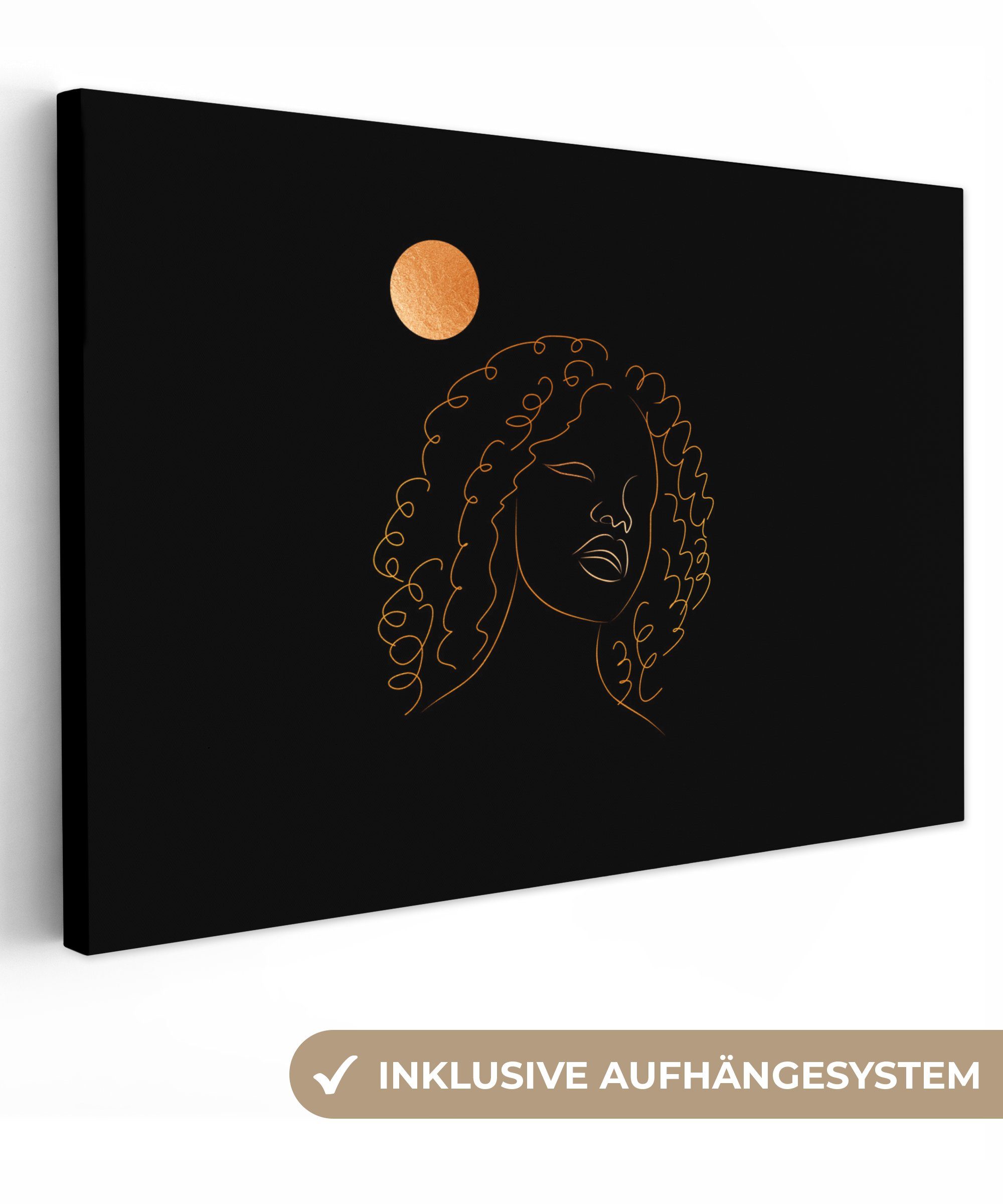 OneMillionCanvasses® Leinwandbild Frau - Mond - Strichzeichnung - Schwarz und Gold, (1 St), Wandbild Leinwandbilder, Aufhängefertig, Wanddeko, 30x20 cm