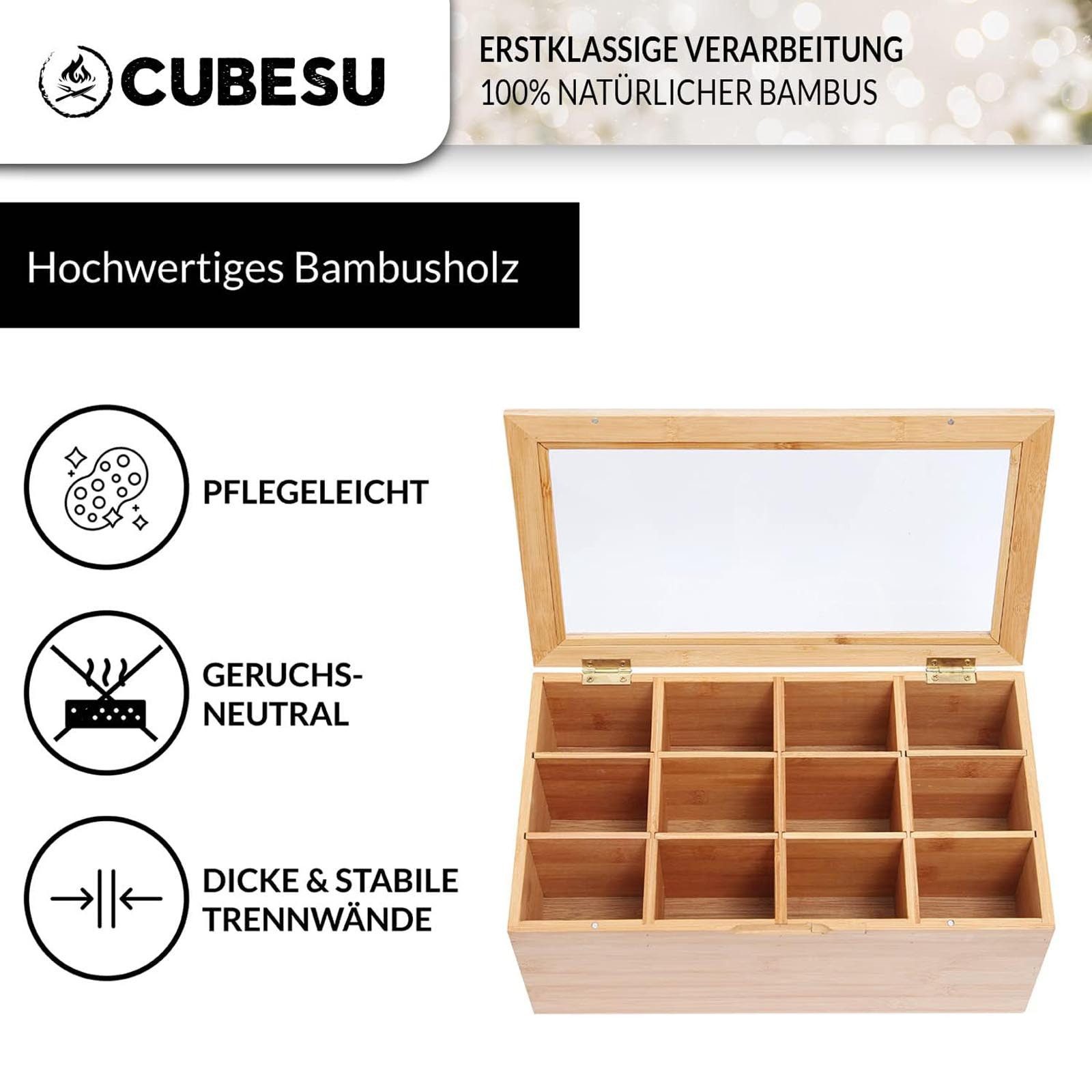 Cubesu Teebox Premium Holz Teebeutelbox Teekiste Teebeutel Box, Bambus, 12 Fächer mit Sichtfenster & Schublade