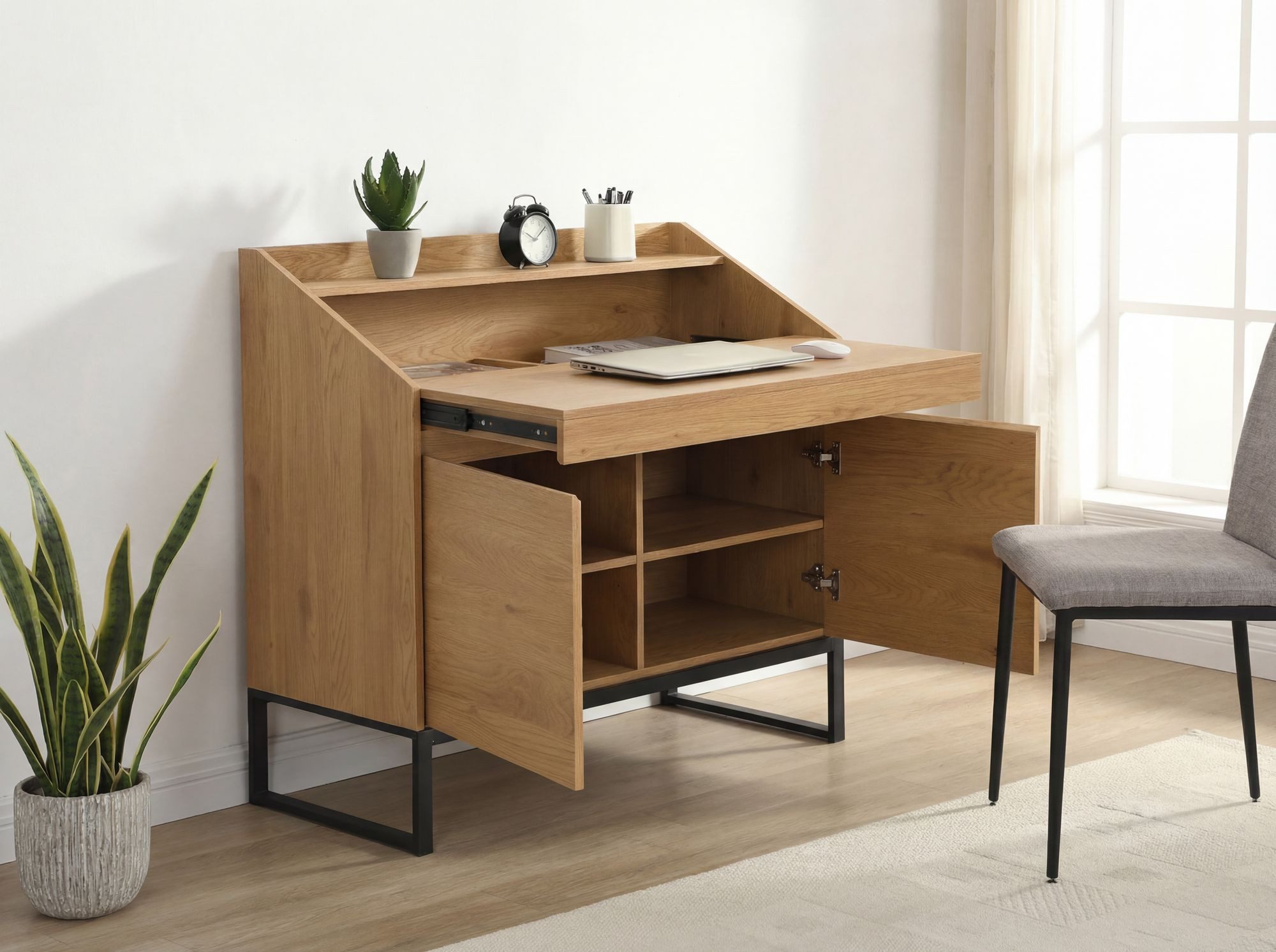 Wohnling Schreibtisch WL7.632 Kompaktschreibtisch 100cm Stauraum Sekretär Bürotisch Eiche (Moderner Tisch mit ausziehbarer Tischplatte), Viel Stauraum hinter zwei Türen in Holzoptik