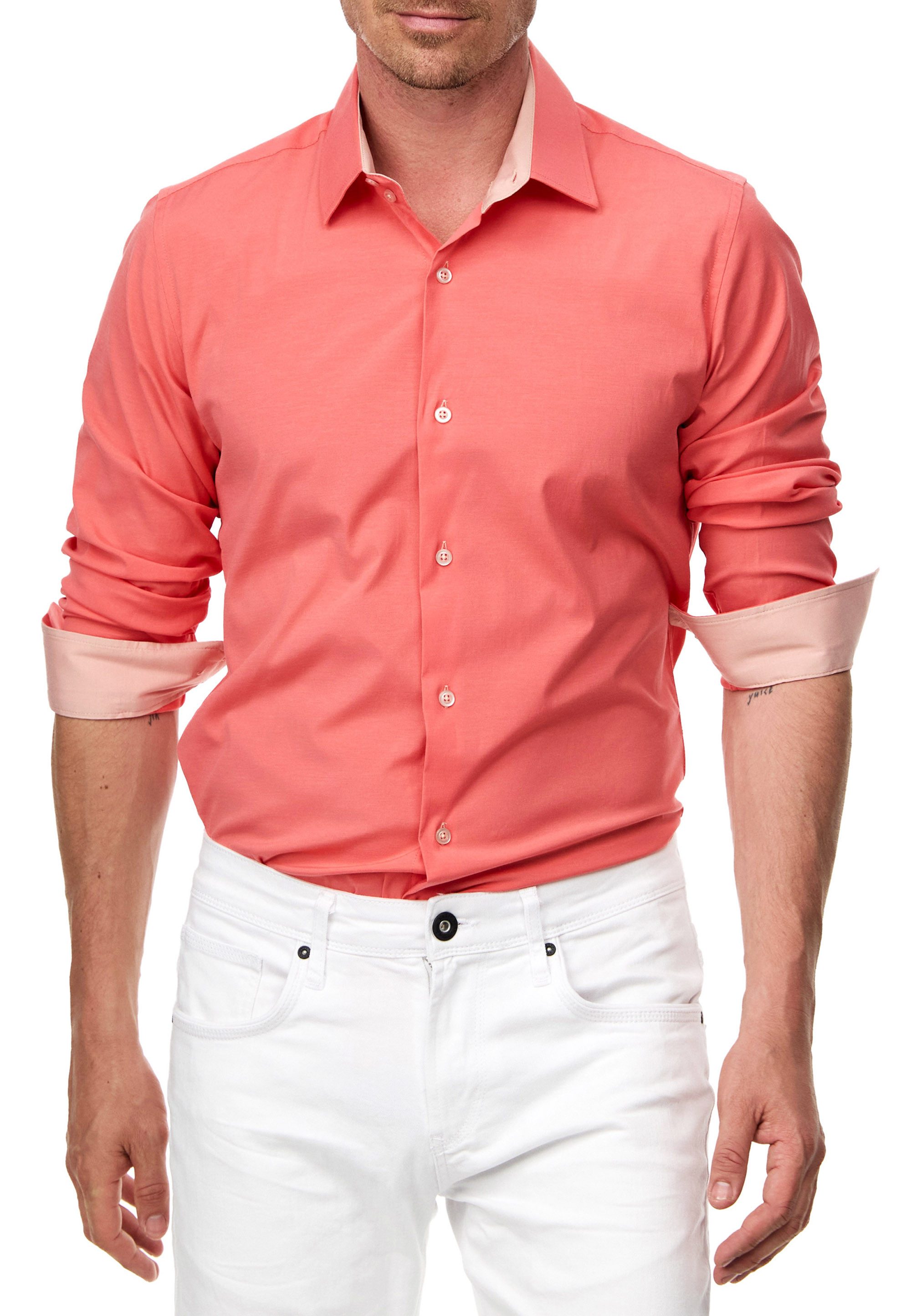R-NEAL Businesshemd Pastellhemd Herren Slim Fit Hemd Langarm Kontrasthemd Cotton Strech