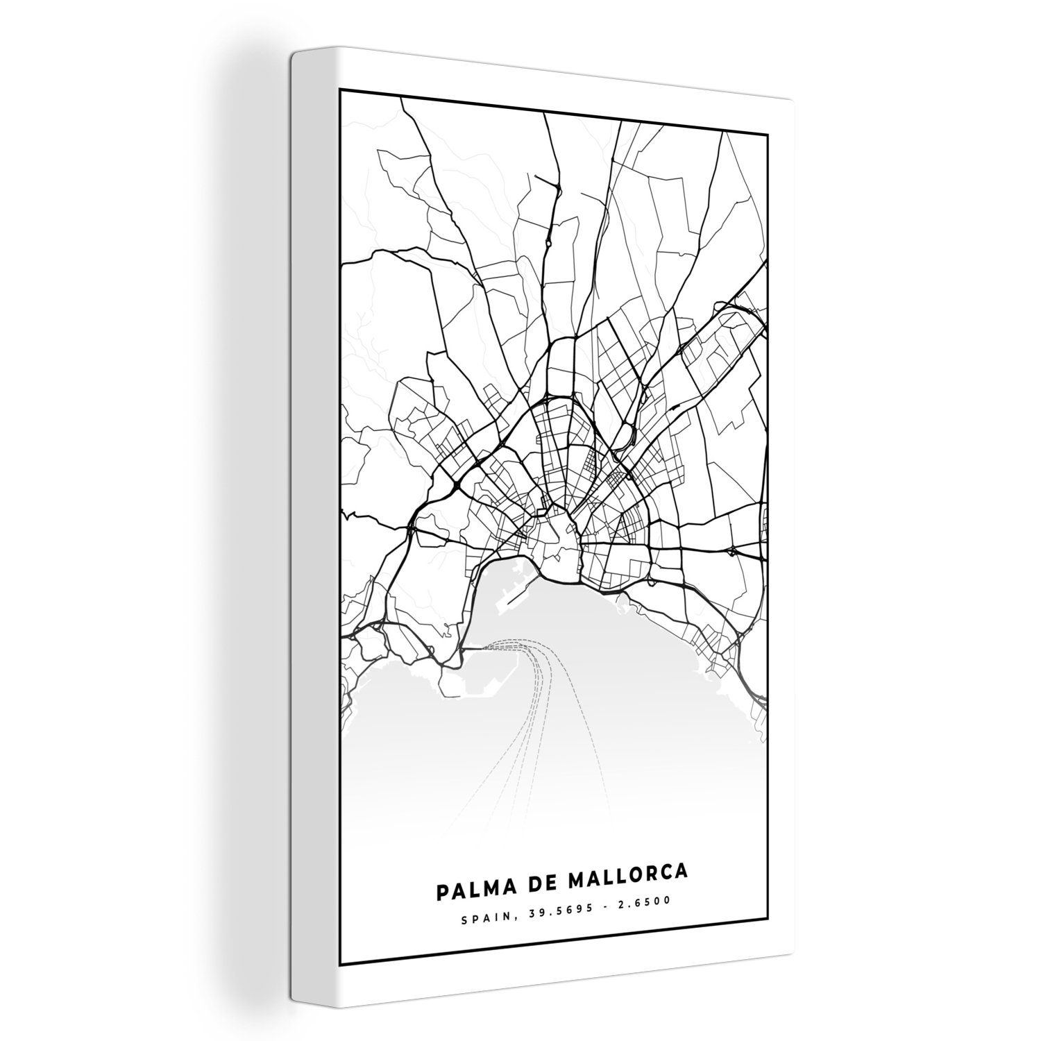 Stadtplan weiß Mallorca (1 cm 20x30 Karte, - - - fertig Leinwandbild Gemälde, Schwarz bespannt und Zackenaufhänger, St), OneMillionCanvasses® Leinwandbild inkl. Karte -
