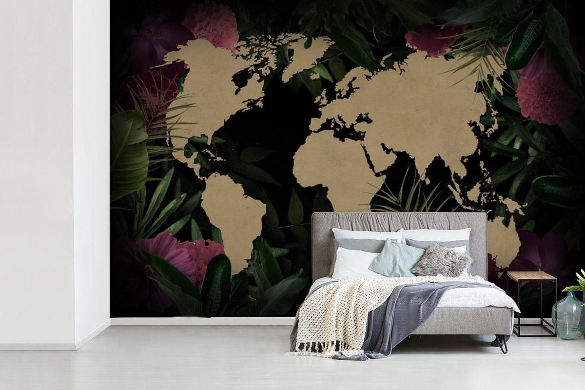 Schlafzimmer, für Wallpaper Weltkarte Blätter, bedruckt, (6 MuchoWow Tapete Blumen - Vinyl Fototapete Matt, St), Wohnzimmer, - Kinderzimmer,