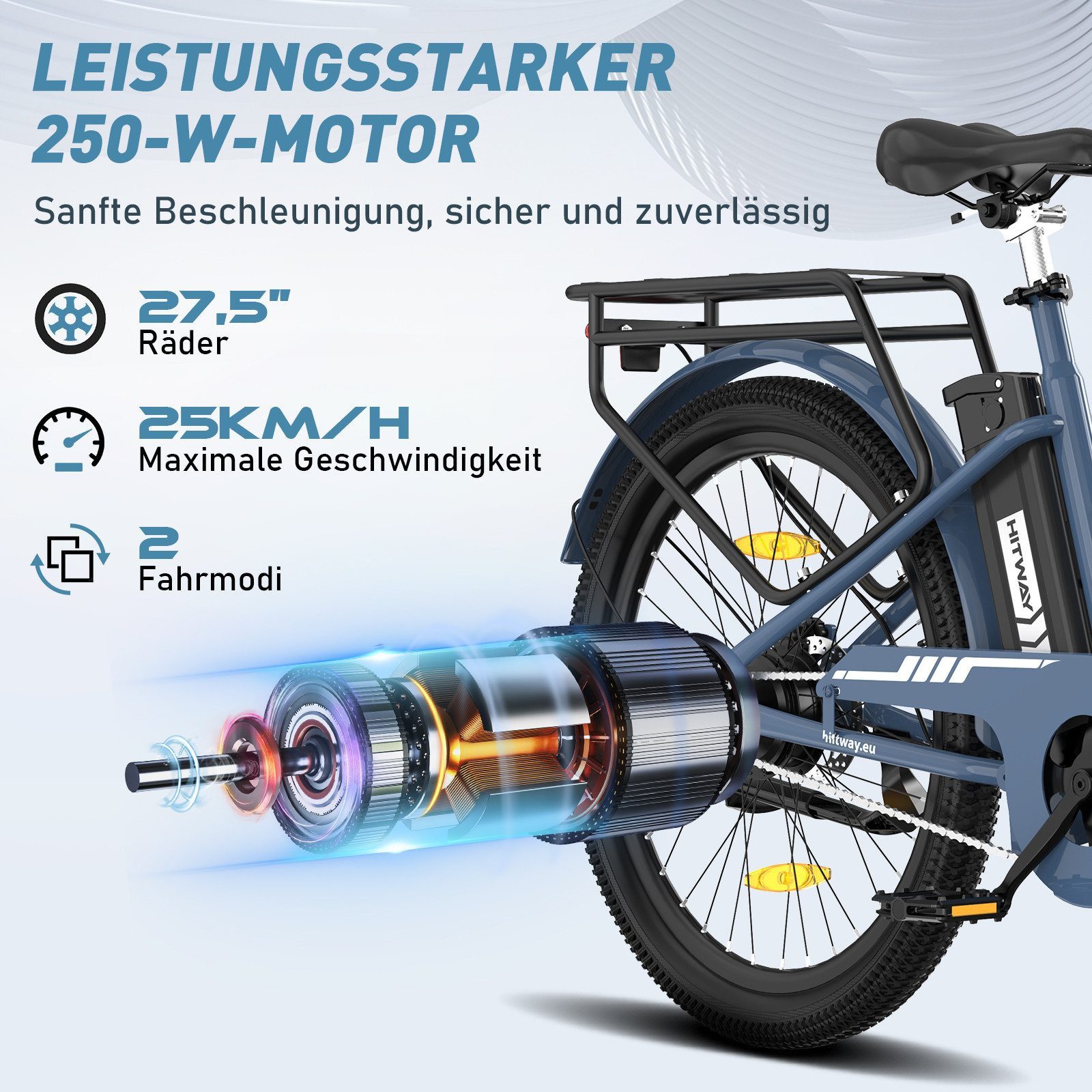 HITWAY E-Bike Cityrad 27,5 Zoll Elektrofahrrad für Damen Herren, Pedelec mit 36V 13Ah Akku, 1 Gang, 250W Heckmotor, 468 Wh, E-fahrräde, E-Citybike mit Schloss, Pumpe, APP