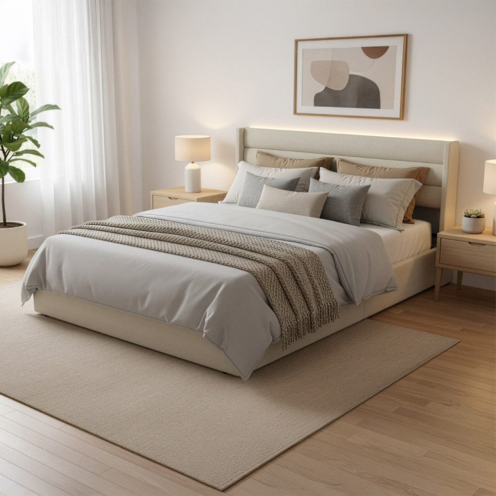 HOME DELUXE Bett SORINA 140/160/180/200 (inkl. Lattenrost), inkl. LED Beleuchtung & Stauraum, Polsterbett, LED-Bett
