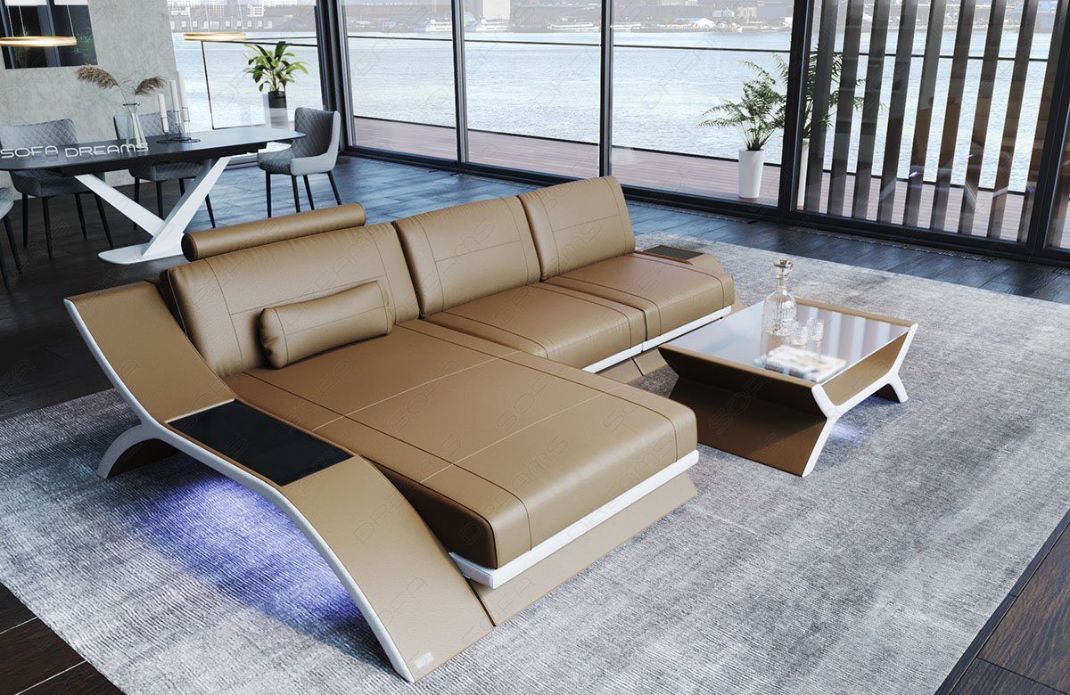 Sofa Dreams Ecksofa Sofa Leder Calabria L Form Ledersofa, Couch, mit LED Beleuchtung, USB Anschluss und Multifunktions-Console