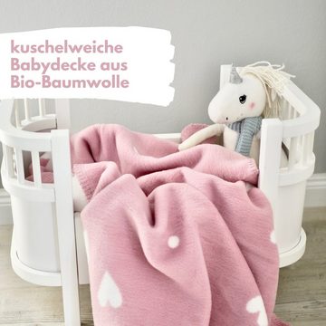 Babydecke aus 100% Bio-Baumwolle - nachhaltig, kids&me, kuschelige Schmusedecke für Mädchen mit Herzen und Punkten - OEKOTEX