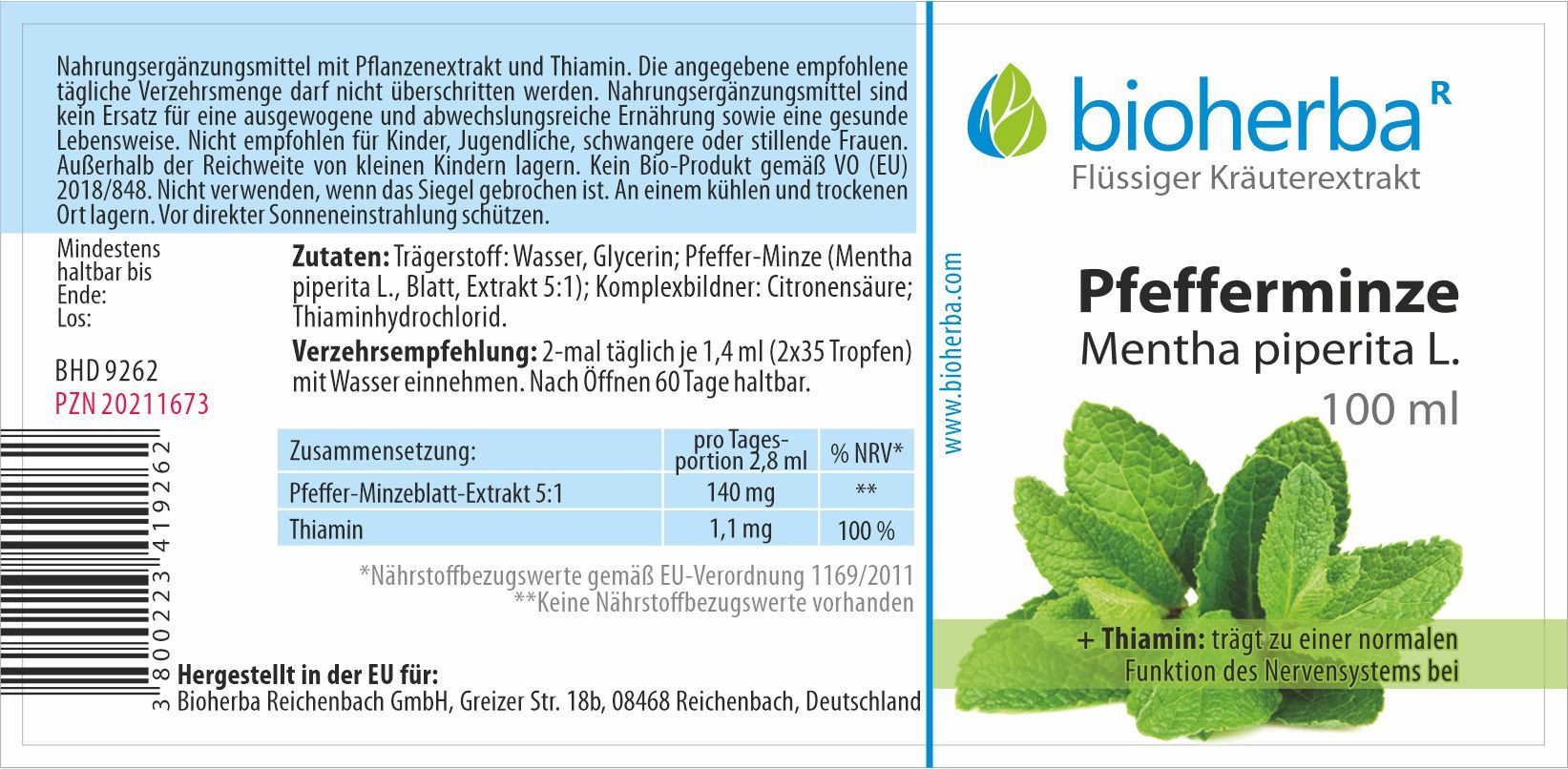 BIOHERBA R Bioherba Pfefferminze Tropfen, Tinktur 100 ml, Mentha piperita L. Tropfen, 1 er