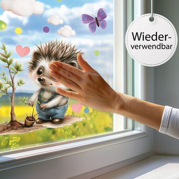 Sunnywall Fensterdekoration wiederverwendbares Fensterbild Igel Gärtner in Latzhose, wiederverwendbar, statisch haftend, beidseitiger Druck, nachhaltig