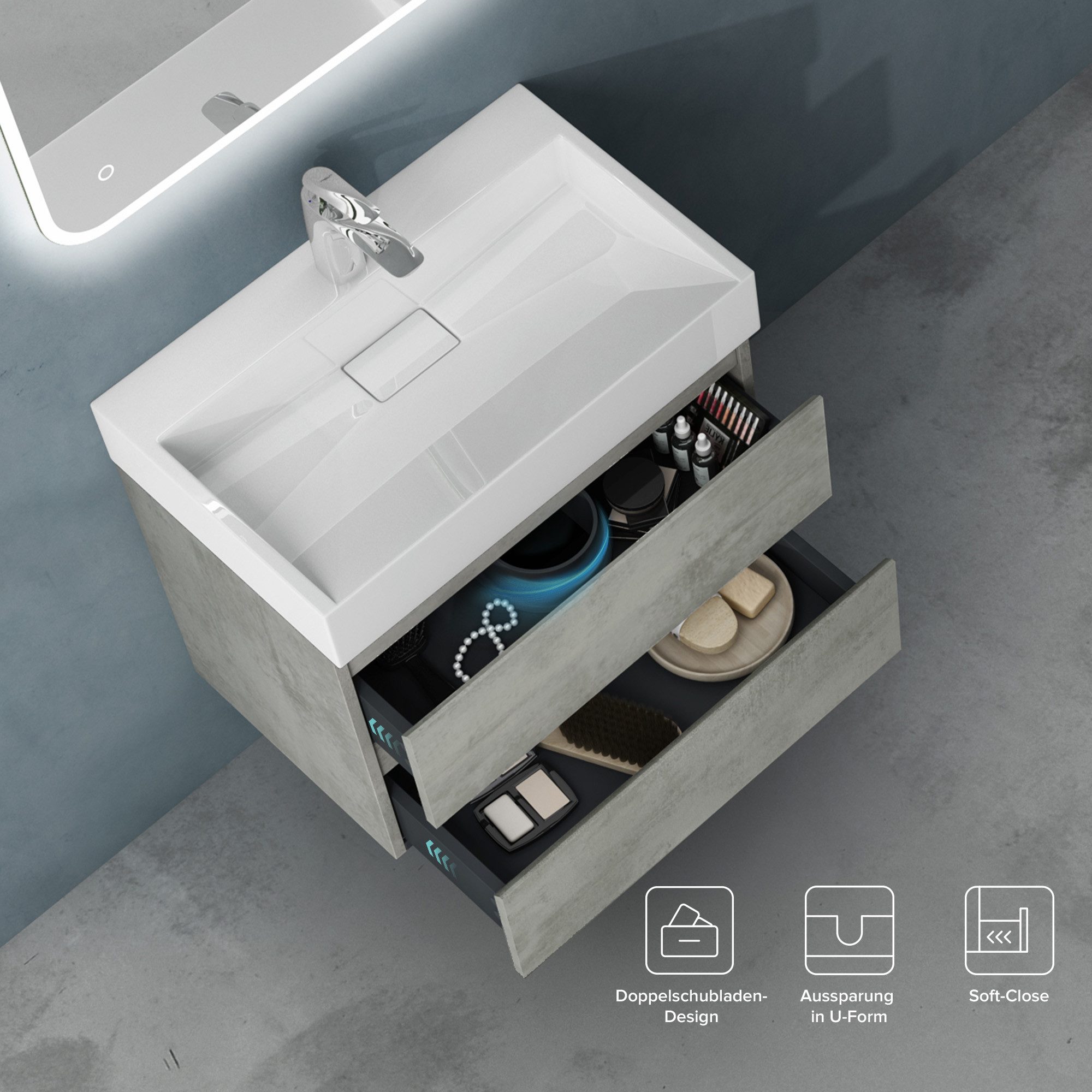 doporro Badmöbel-Set Mineralguss Waschtisch mit Unterschrank Waschbeckenunterschrank Verona