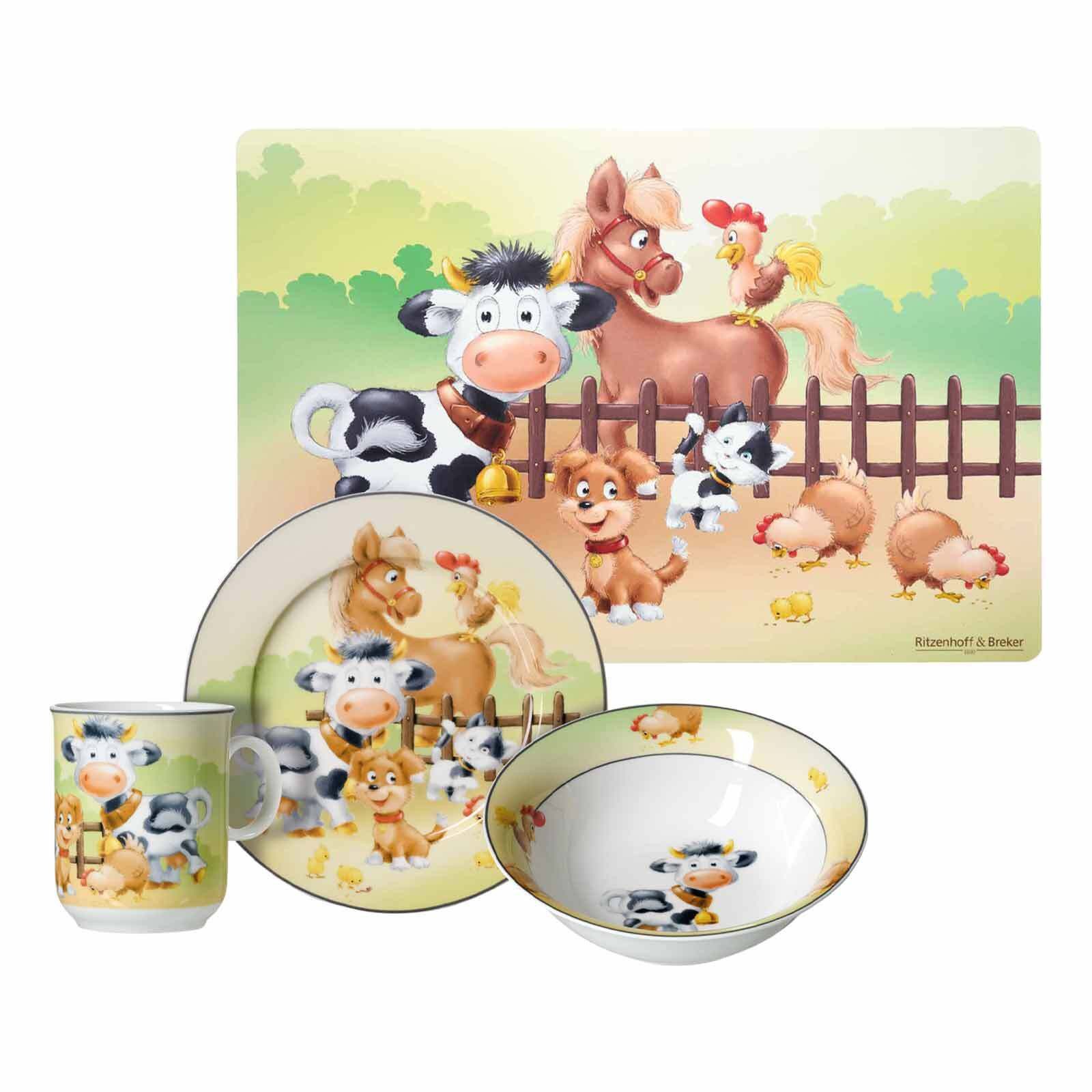Ritzenhoff & Breker Kindergeschirr-Set Hoftiere Kindergeschirr mit Platzset (4-tlg), Porzellan