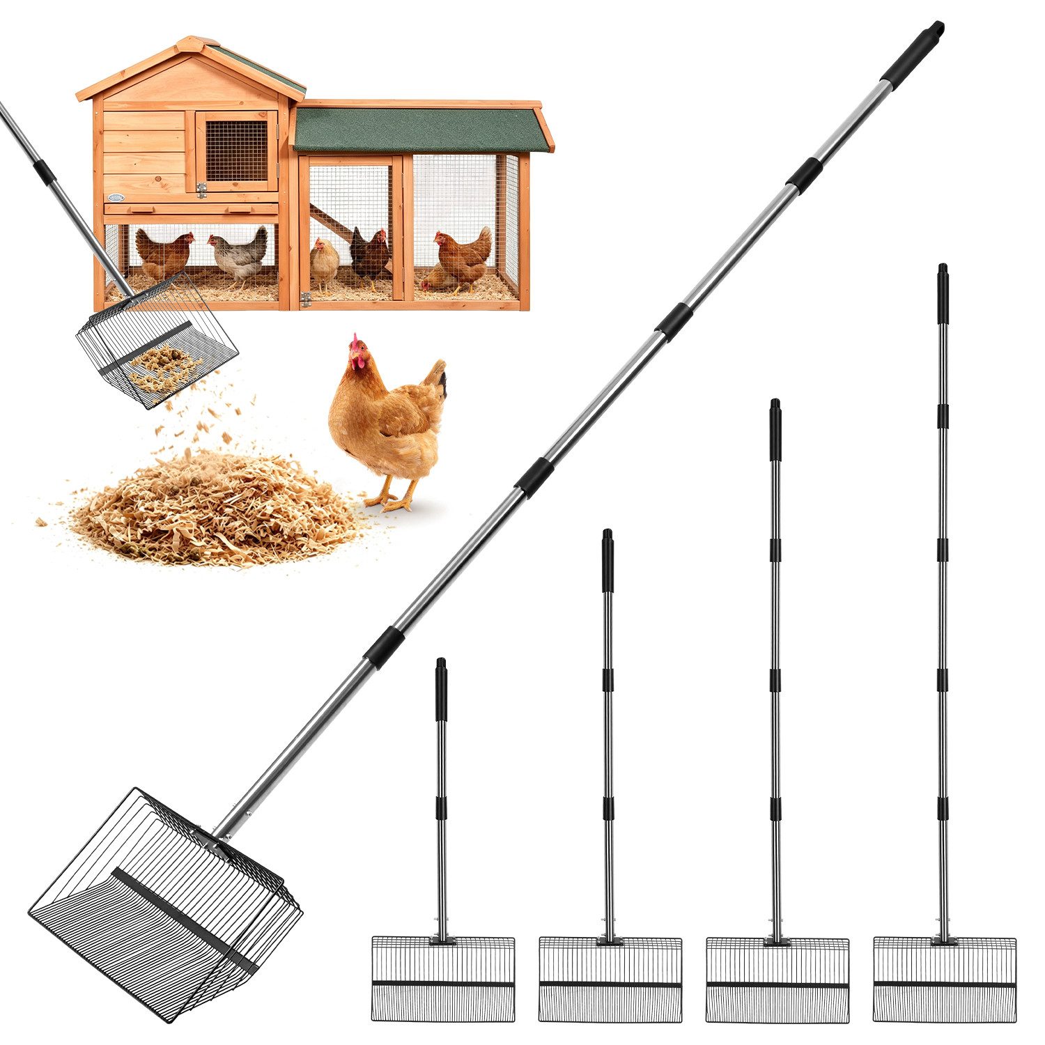 Clanmacy Futterschaufel Hühnerkotschaufel 4-in-1 Verstellbare Hühnerstall Zubehör 91-190cm
