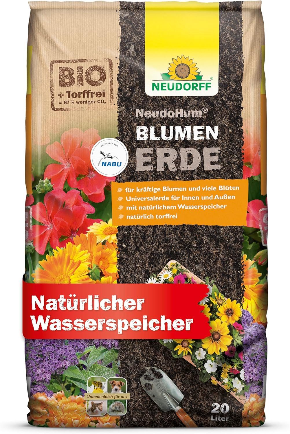 Neudorff Blumenerde NeudoHum BlumenErde 20 Liter, mit Organische Grunddüngung, (Einzelartikel, Optimiert den Wasser- & Lufthaushalt), Speichert Wasser und Nährstoffe, vorgedüngt bis zu 4 Wochen