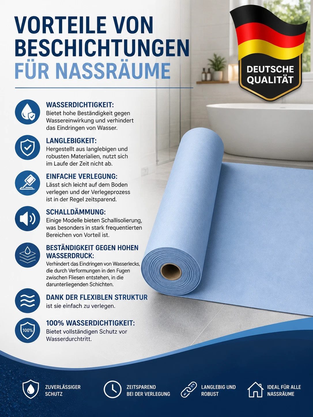 JVmoebel Dichtungsband W-PROOF Dichtmembran Bad Dusche 100/120/150 cm 30 m² 210 g/m², (Einzelartikel, 1 Rolle Abdichtungsbahn für 30 m² Fläche), 3-lagige Abdichtungsmembran