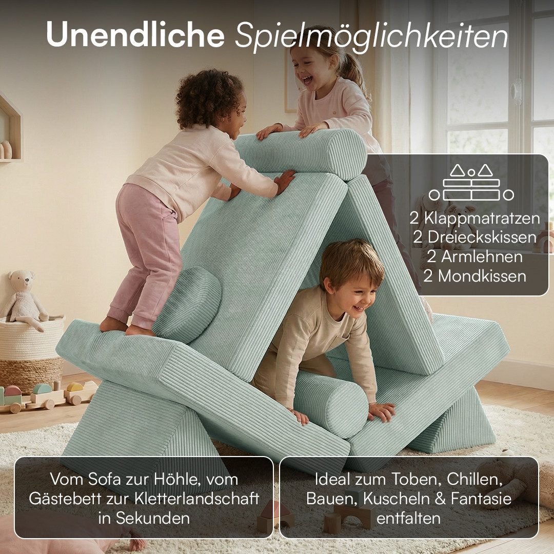 Bellabino Kindersofa Nile aus Schaumstoff Teilen, modulare Kinderspielcouch aus Cord, Türkis, mit Armlehnen, Cordbezug abnehmbar & waschbar, 160x52x75cm, Oeko-T – Bild 3 von 5