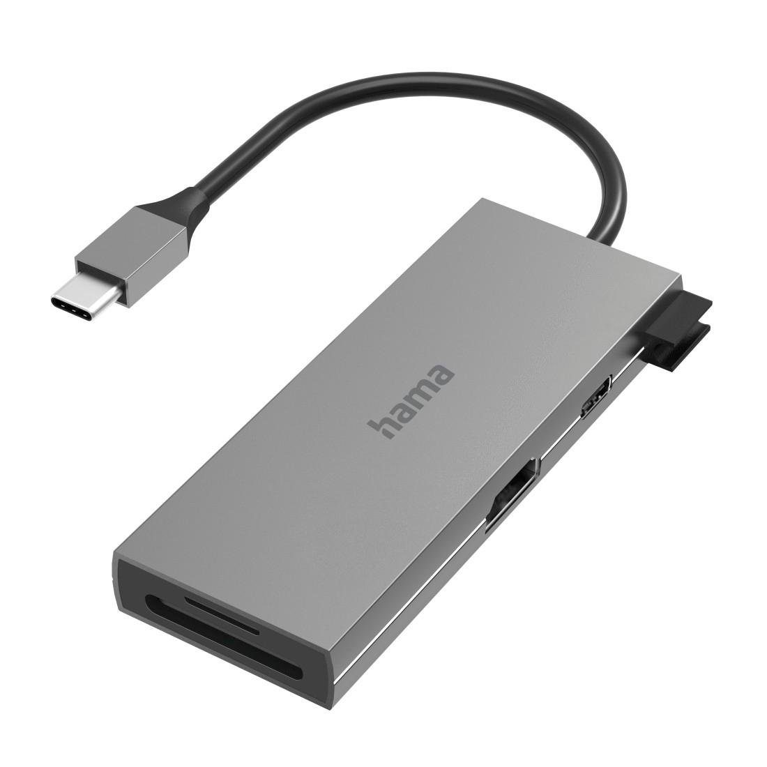 Hama USB-C Multiport Hub Laptop mit 6 Ports, USB-A, USB-C, HDMI, SD microSD USB-Adapter USB-C zu HDMI, SD-Card, USB Typ A, USB Typ C, 15 cm, Laptop Dockingstation, kompakt, robustes Gehäuse, silberfarben
