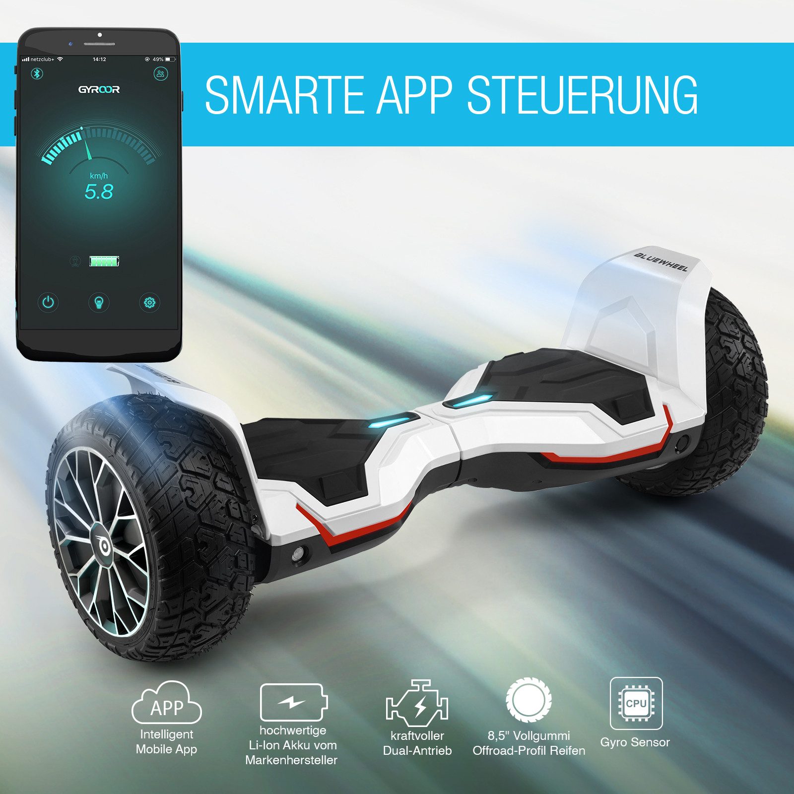 Bluewheel Electromobility Balance Scooter HX510, 15 km/h, 8.5" Vollgummireifen, LED-Scheinwerfer