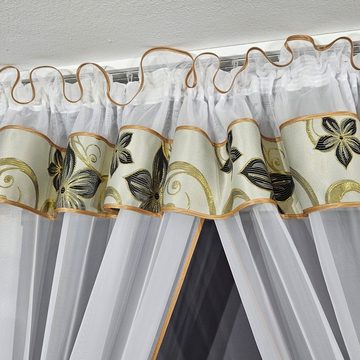 Vorhang Gardine aus Voile Braun Schwarz, Gardinen by Justyna, Kräuselband, transparent, Fertiggardine, Blumengardine, Kräuselband, Braun-Schwarz, Komplett Set