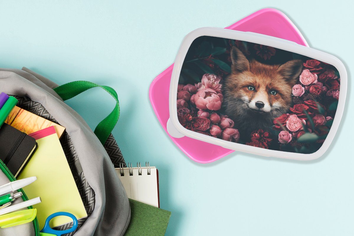 Lunchbox Kinder, Tiere, Kunststoff, Fuchs Mädchen, - - MuchoWow für Blumen Erwachsene, (2-tlg), Snackbox, rosa Brotdose Kunststoff Brotbox
