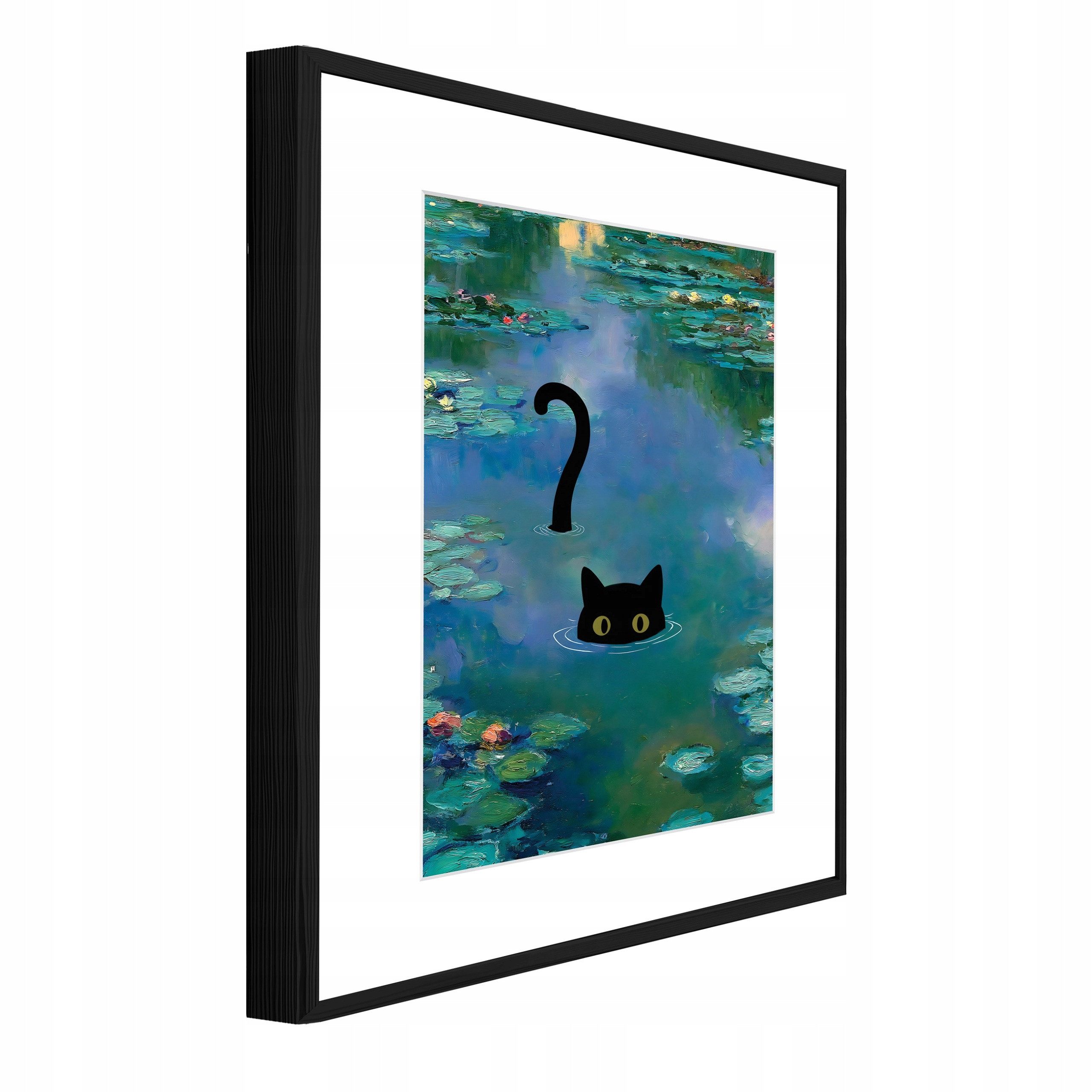 Wallarena Wandbild Katze im Seerosenteich mit Passepartout und Bilder Wohnzimmer Wandbild, Katze, Teich, Seerosen (Wandbild, 1 St), Bilder mit Rahmen Wohnzimmer Schlafzimmer Wandbild Wanddeko 30x40 cm