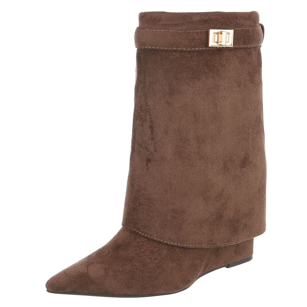 Ital-Design Damen Stiefel mit Umschlag und Schnalle, elegant Keilstiefelette (92269031) Keilabsatz/Wedge Stiefeletten in Braun