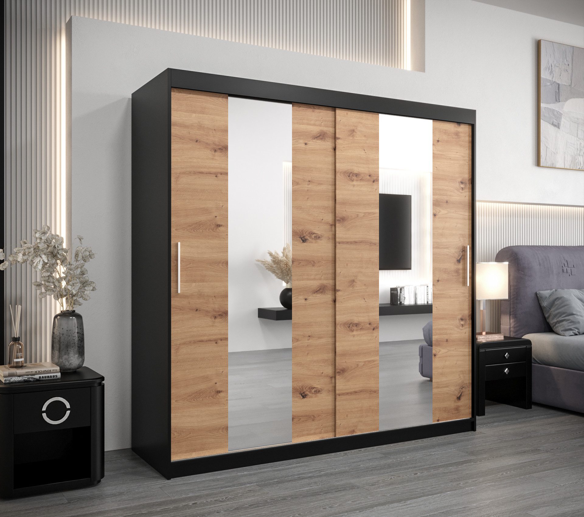 ABIKS MÖBEL Schwebetürenschrank POLE Schlafzimmerschrank - mit Spiegel, Kleiderstange und Regalen