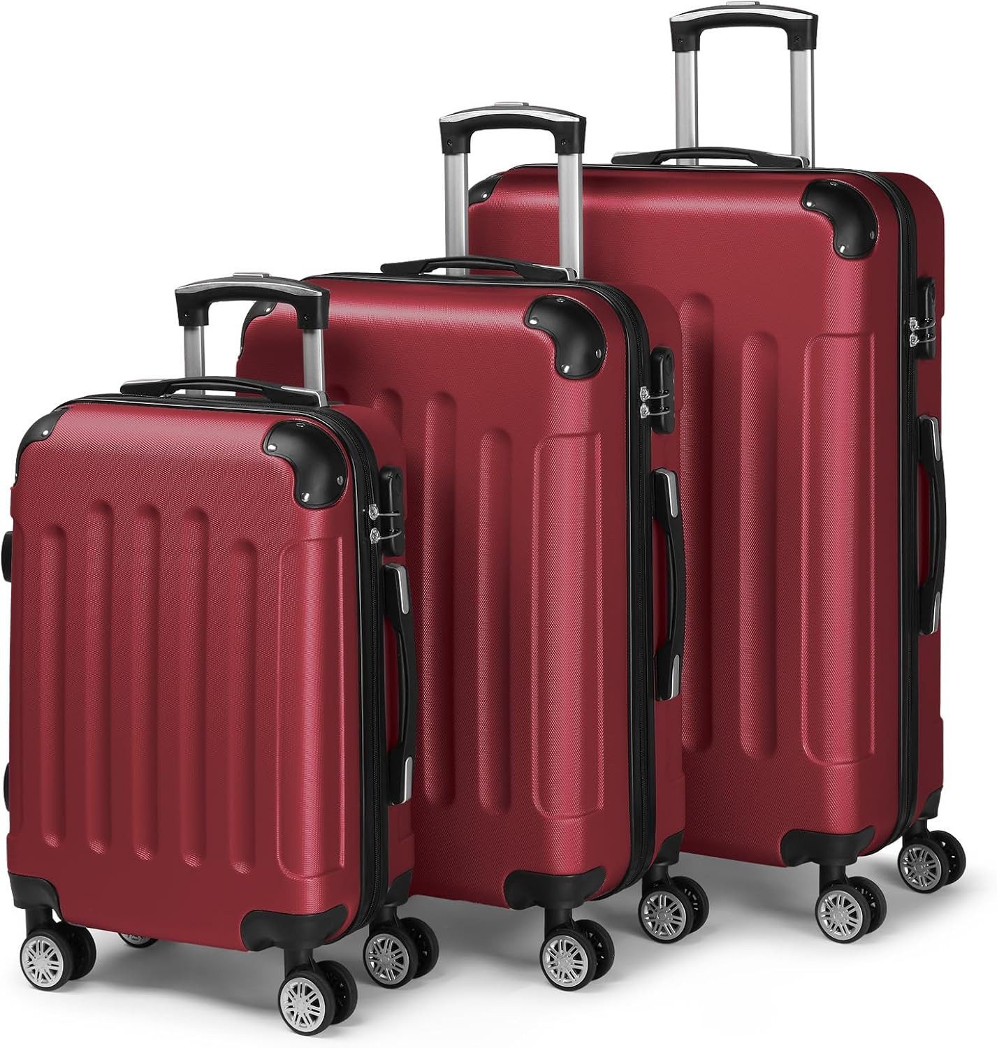 LALAHO Trolleyset Reisekoffer Set Hartschalenkoffer Trolley mit 360° Rollen, 4 Rollen, (3 tlg), Koffer Set aus ABS mit Teleskopstange, Handgepäck, Burgunderrot