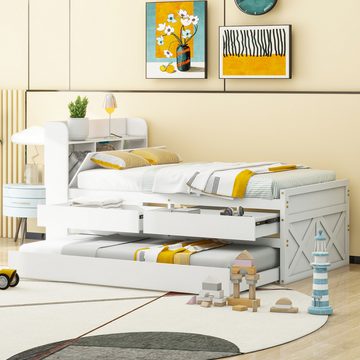 MODFU Stauraumbett Kinderbett mit ausziehbarer Schublade Lattenrost (Nachttisch mit Ablagen mit USB-Buchse 90x190cm), ohne Matratze