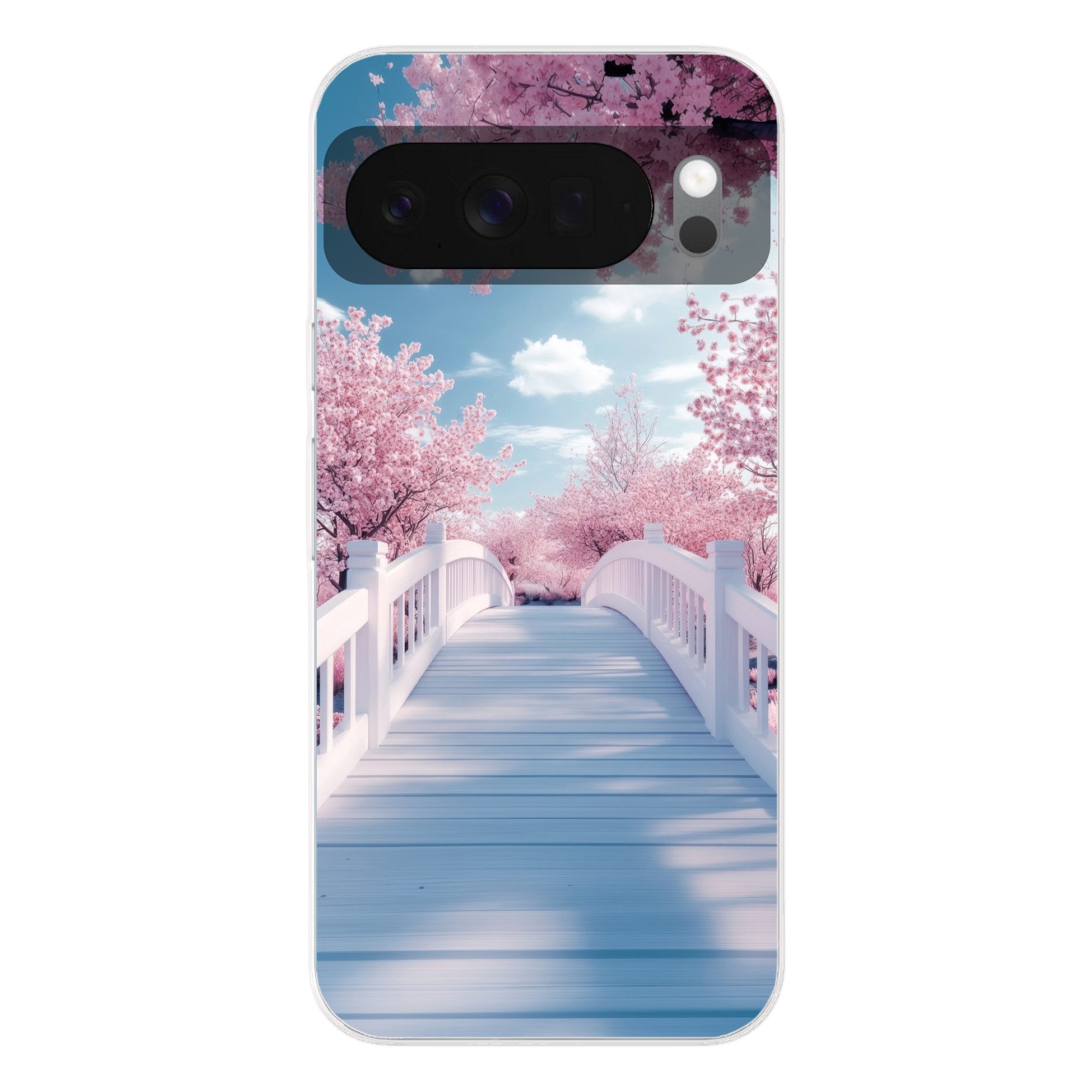 MuchoWow Handyhülle für Google Pixel 10 Brücke - Kirschbäume - Weiß, Phone Case, Silikon, Schutzhülle Dünn