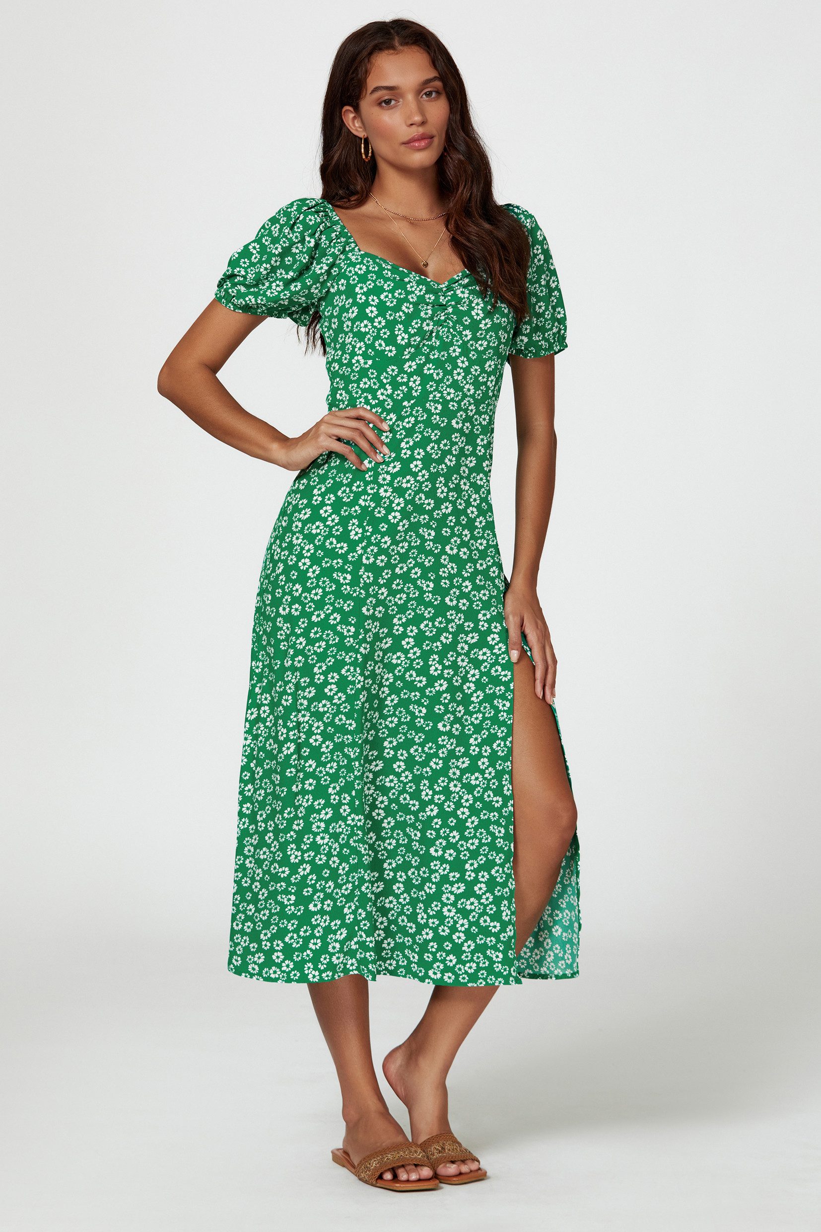 Sommerkleid Damen Midikleid Sommerkleid Blumenkleid mit Schlitz Puffärmel