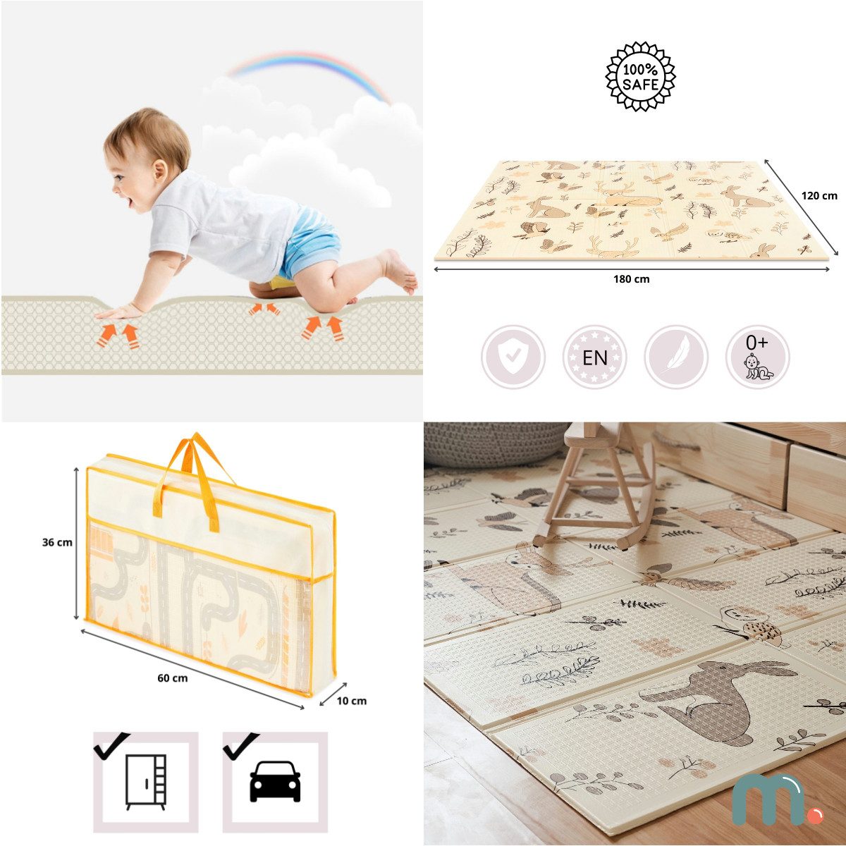 Mamabrum Spielmatte Doppelseitig faltbare Schaumstoffmatte 180 x 120 x 1 cm