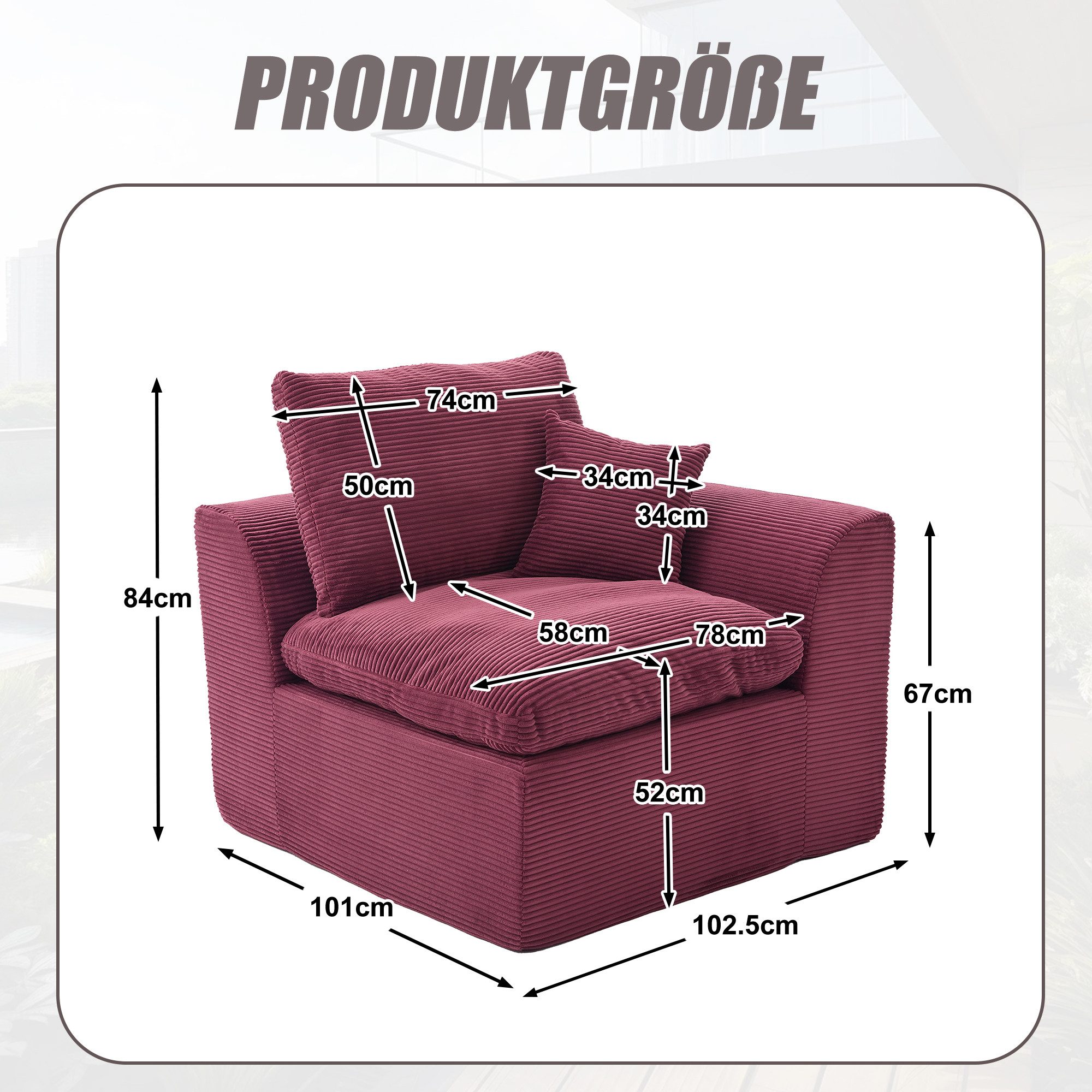 KLAM HOME Sessel Moderner Cord Sessel Einzelsitzer im Nordischen Stil (Dunkelgraues Sofa mit Hochwertigem Bezug), Hoch elastischer Schaumstoff für maximalen Sitzkomfort