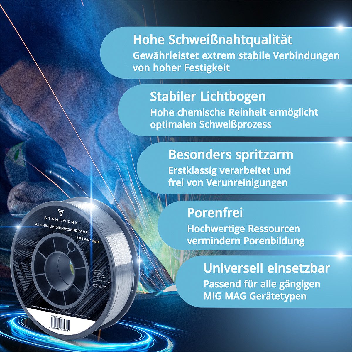 STAHLWERK Schweißdraht 1,2 mm MIG MAG Aluminium ER4043 Si5 Drahtrolle 2kg, (Packung), hohe chemische Reinheit für beste Schweißergebnisse.