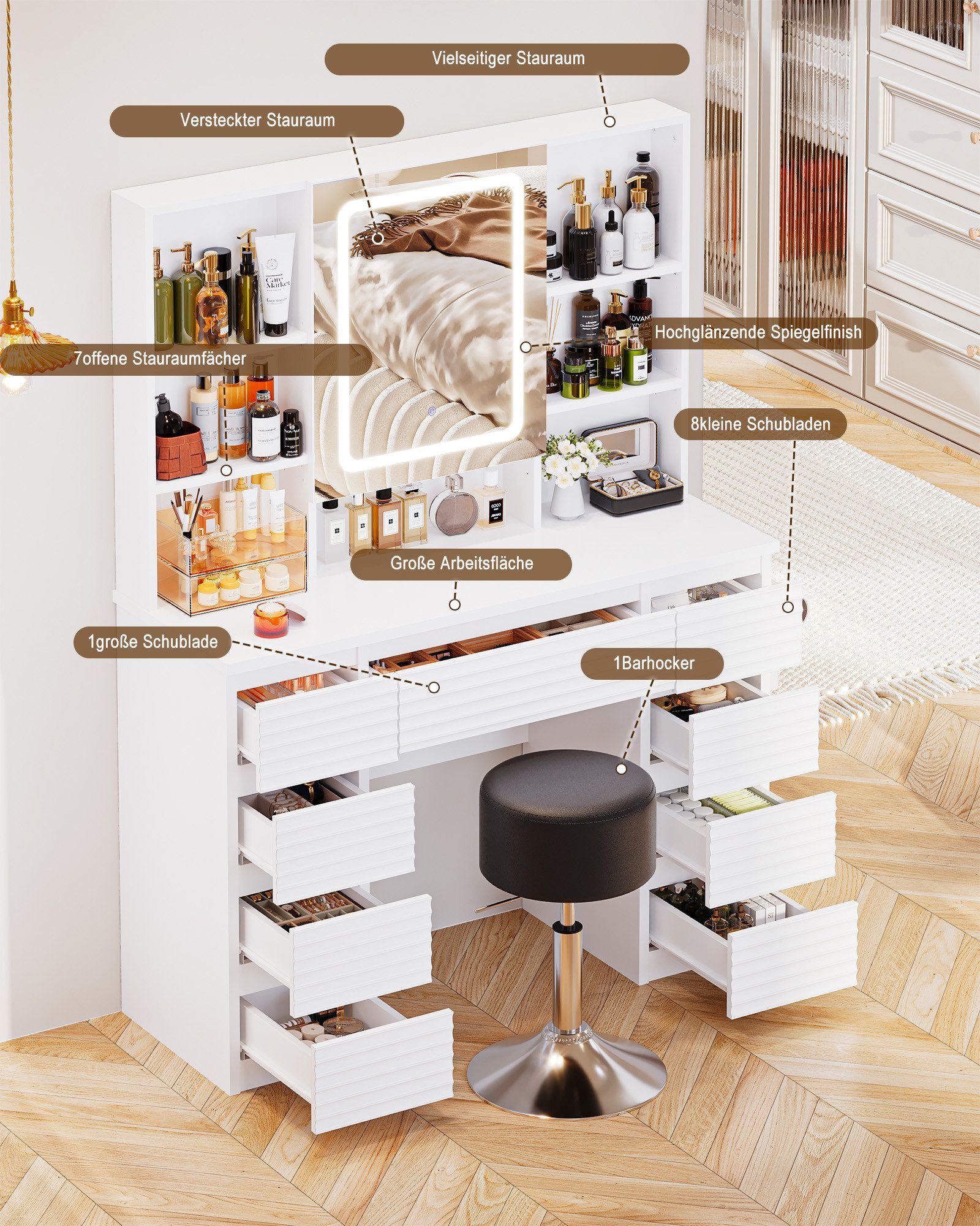 HOMALL Schminktisch LED-Schminkspiegel, schwarz-weißer Schminktisch und Hocker im Set (Kombination aus 9 Schubladen, 7 offenen Fächern und Stauraum hinter dem S – Bild 4 von 5