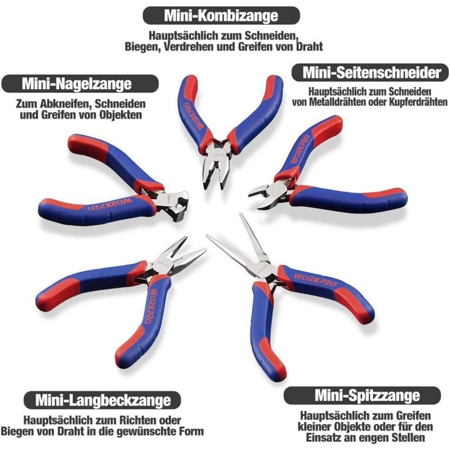 LuxusKollektion Zangenset Mini-Zangensatz 5-teilig mit Tasche, Kohlenstoffstahl, ergonomische