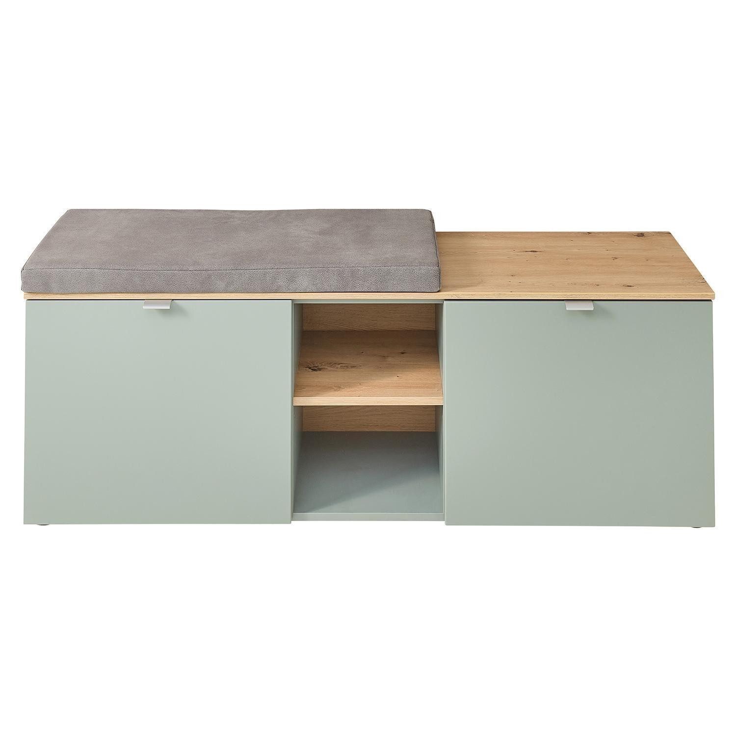 Innostyle Sitzbank BARI, Artisan Eiche Dekor, Schilfgrün, 2 Türen, 2 Ablageflächen, mit Sitzkissen, B 128 x H 50 x T 38 cm