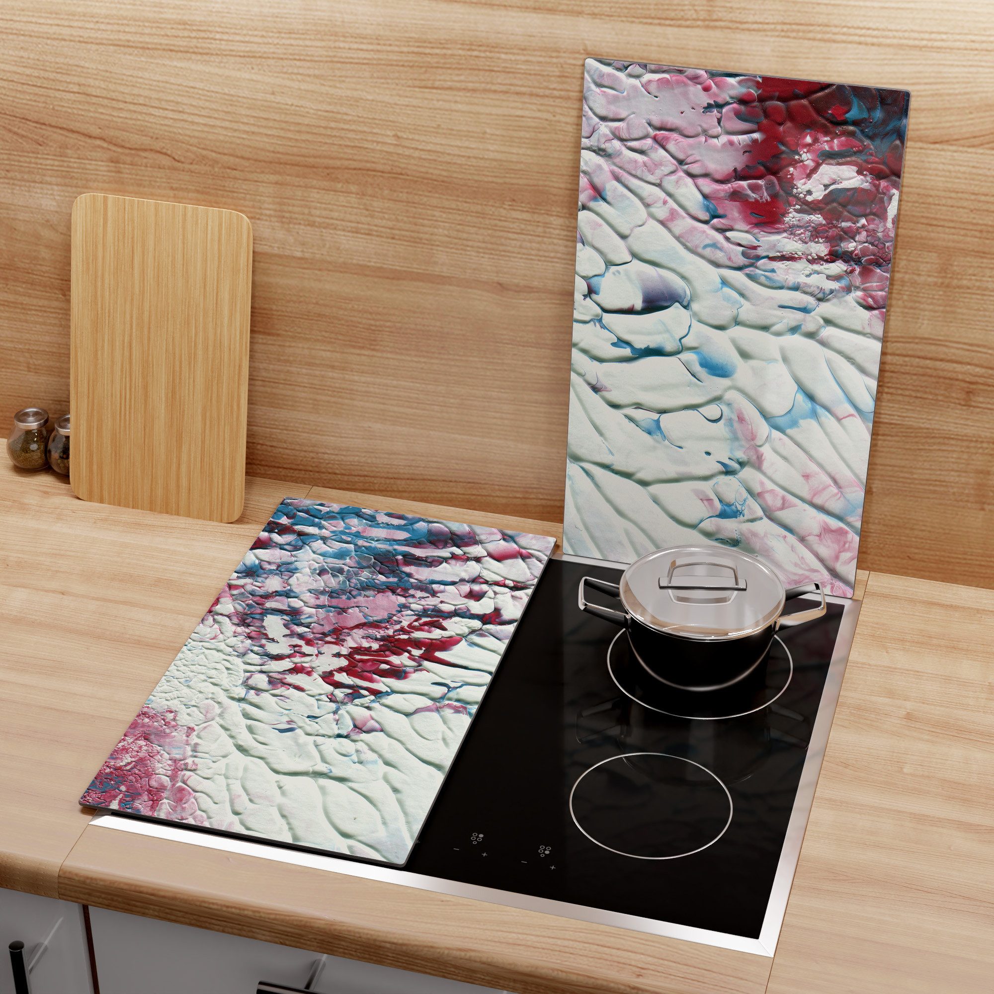 DEQORI Herdblende-/Abdeckplatte 'Chaotischer Farbenfluss', Glas, (2 tlg), Herdabdeckplatte Ceranfeld Herd Platte Abdeckung Glasplatte