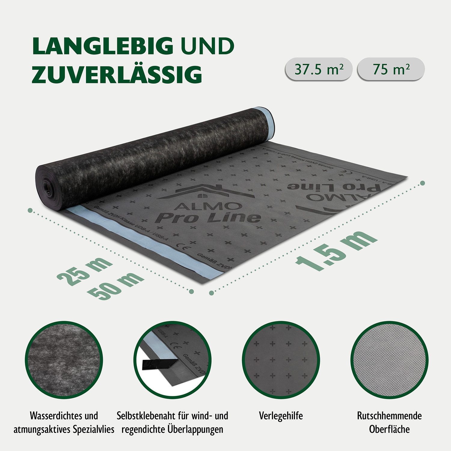 ALMO Dachbahn & Fassadenbahn ProLine 130, 1,5m x 25m - 37,5m², (Diffusionsoffene, UV-beständige, Wind- & regensicher Unterdeckbahn), auch als Fassadenbahn bei geschlossenen Fassaden geeignet