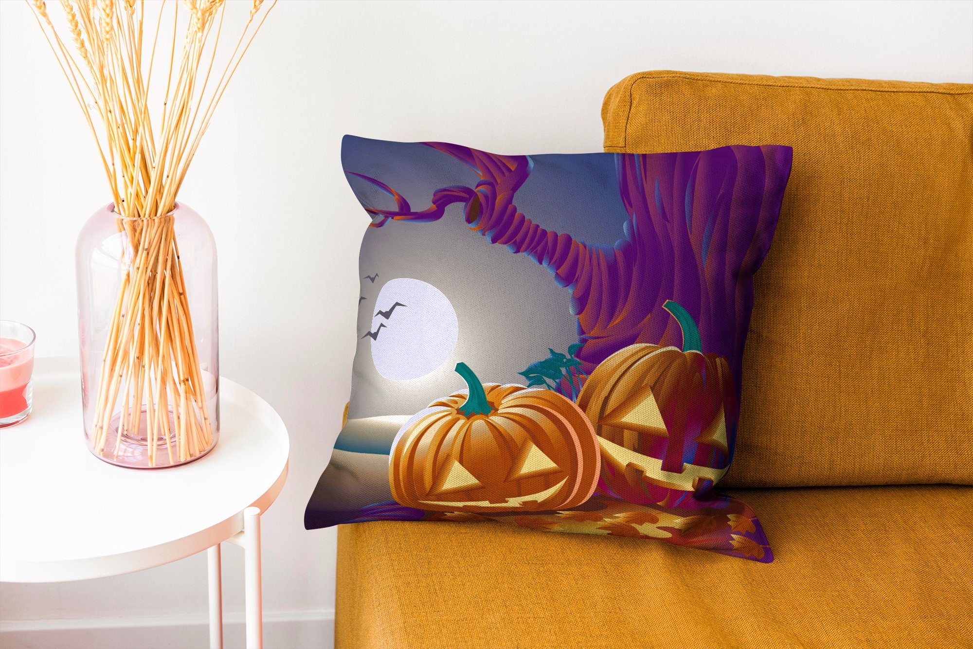 MuchoWow Zwei Kürbisse in einer Schlafzimmer, Dekokissen Füllung mit Sofakissen Deko, Wohzimmer, Illustration, Halloween-Nacht Zierkissen in für einer