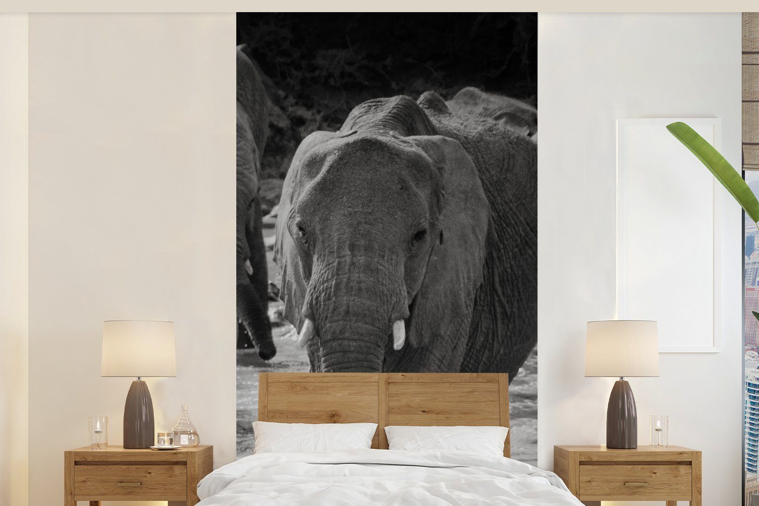 MuchoWow Fototapete Elefant - Tiere - Wasser - Schwarz und weiß, Matt, bedruckt, (2 St), Vliestapete für Wohnzimmer Schlafzimmer Küche, Fototapete