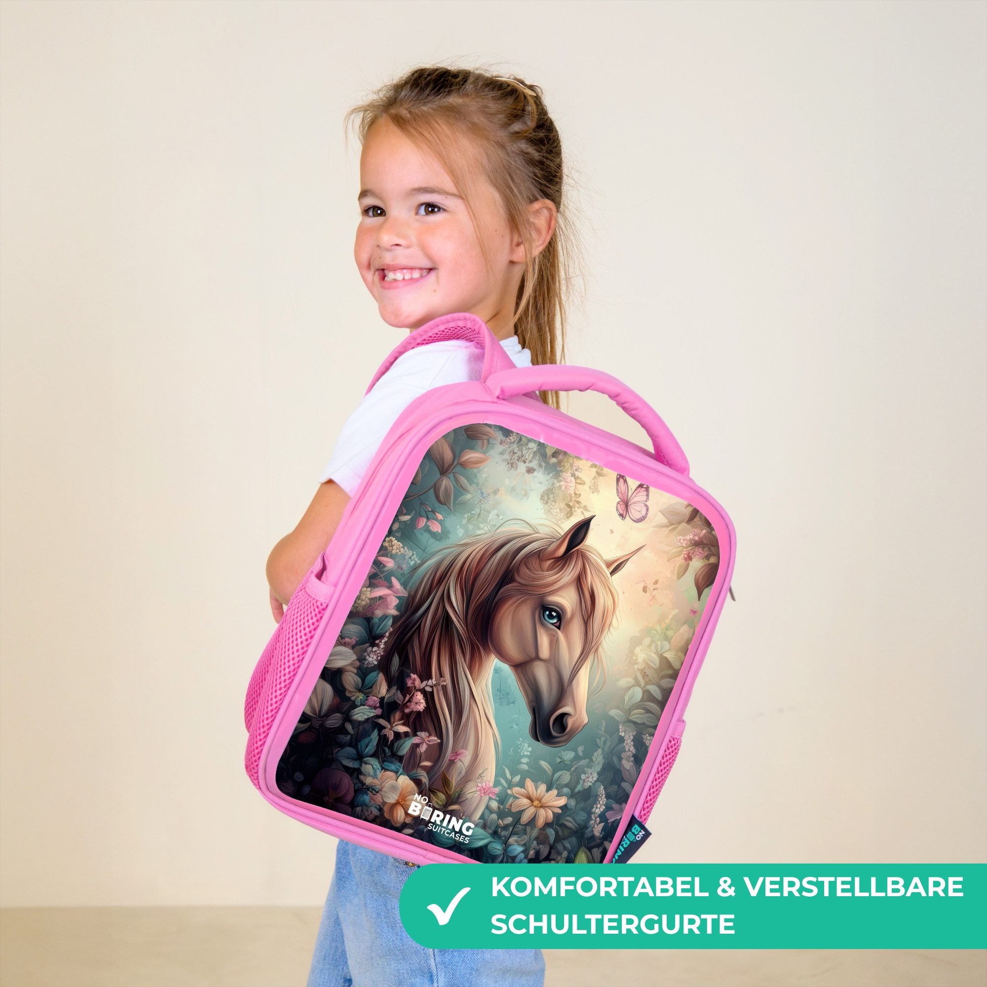 NoBoringSuitcases.com© Rucksack Rosa - Pferd mit Schmetterlingen im Blumengarten, Kinderrucksack, Schulrucksack, Freizeitrucksack, Mädchen, Kindergarten
