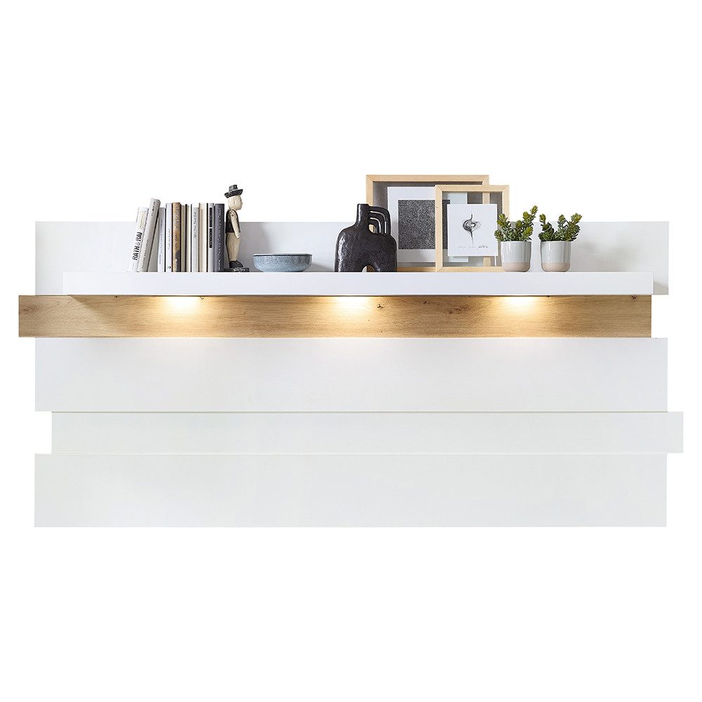 Lomadox Wandregal MANRESA-36-WHITE, 202 cm breit, weiß und Eiche, inkl. Beleuchtung