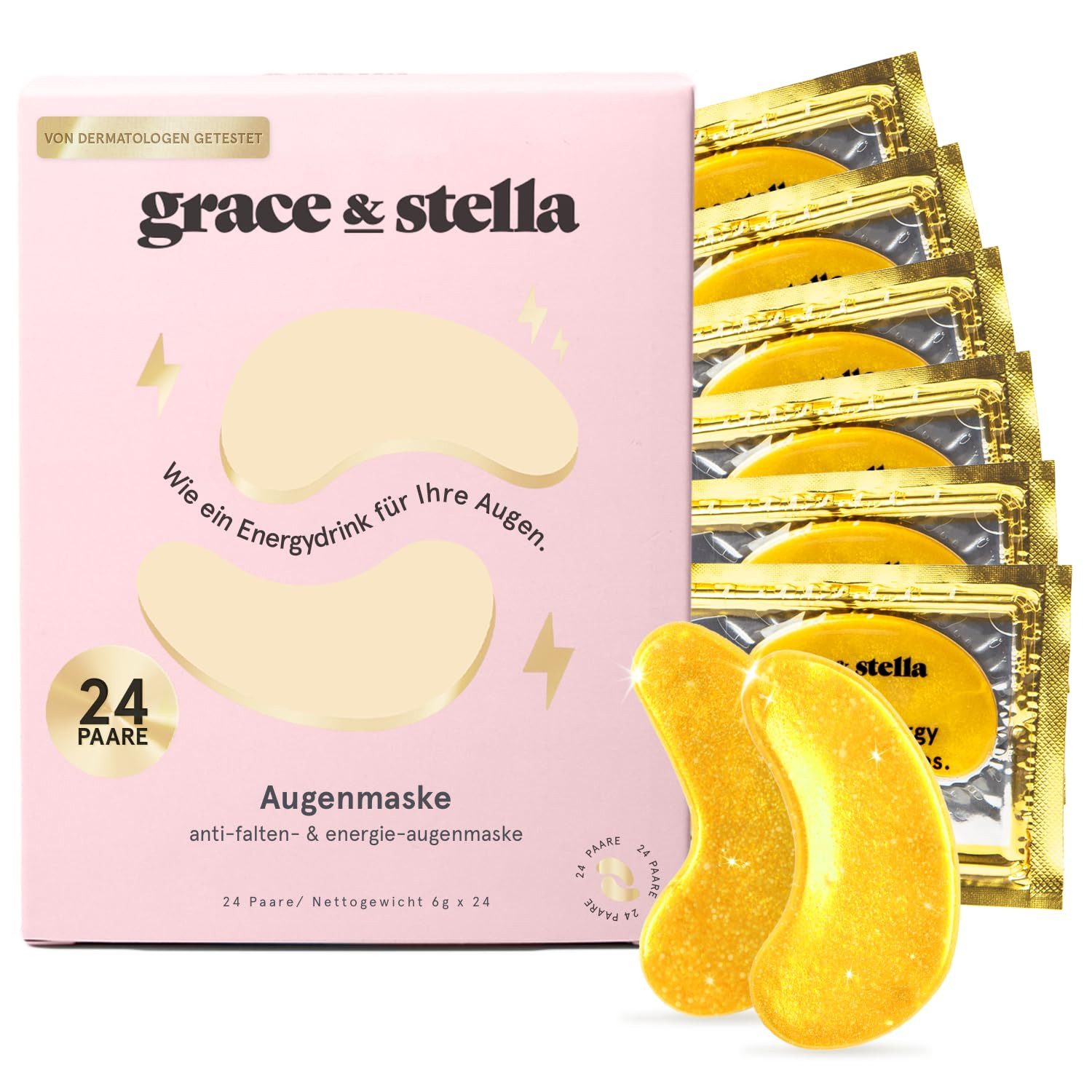 grace & stella Augenpads Preisgekrönte Augenpads (24 Paare, Gold), 24-tlg., Unterstützt ein glatteres und strahlenderes Hautbild, Hilft, Augenringe, Tränensäcke und Schwellungen optisch zu reduzieren