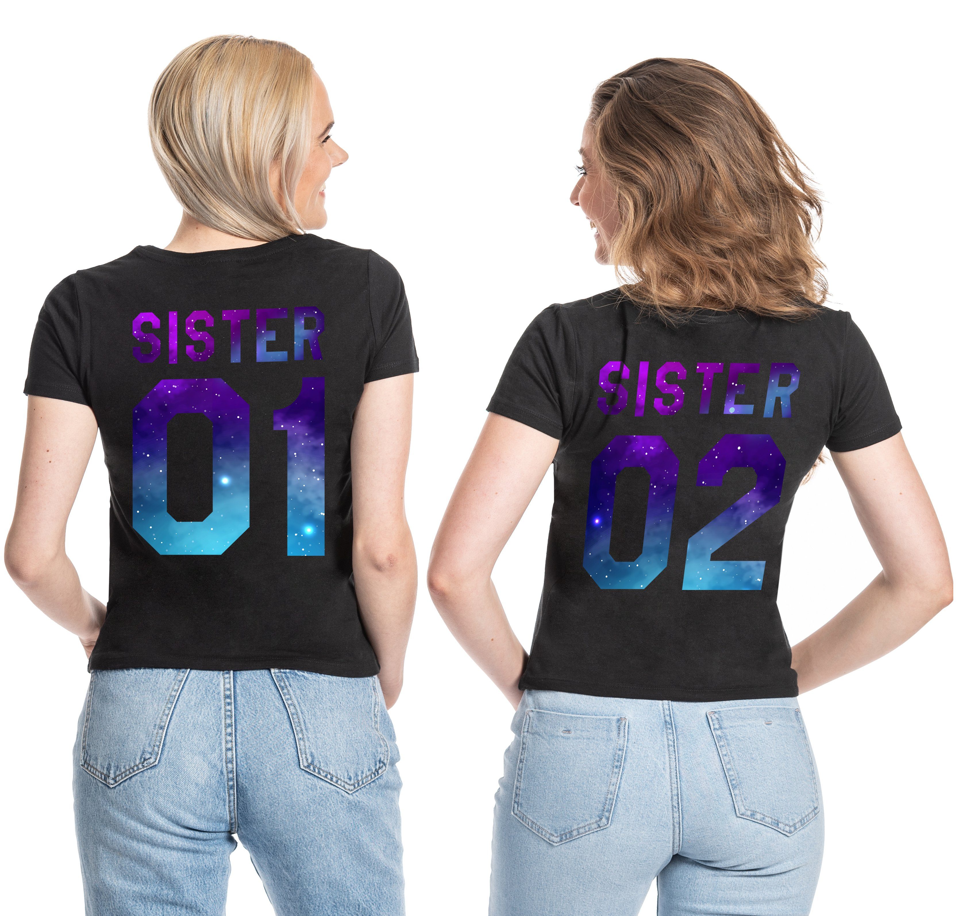 Couples Shop T-Shirt Sister 01 & Sister 02 Night Beste Freunde Damen Shirt mit trendigem Print