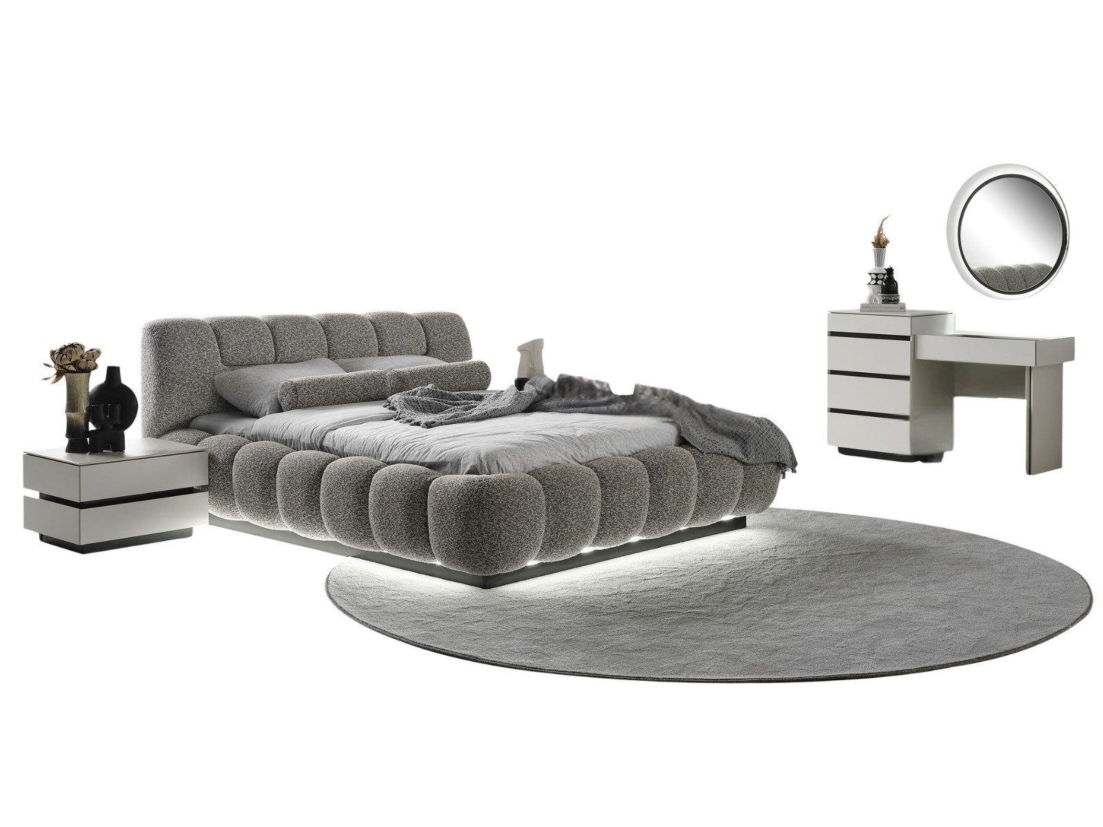 Villa Möbel Schlafzimmer-Set Ashley, (Schlafzimmer-Set, 4-tlg., Bett mit Kopfteil, 2 Nachttische und Kommode), Gepolstertes Bett klare Fronten viel Stauraum