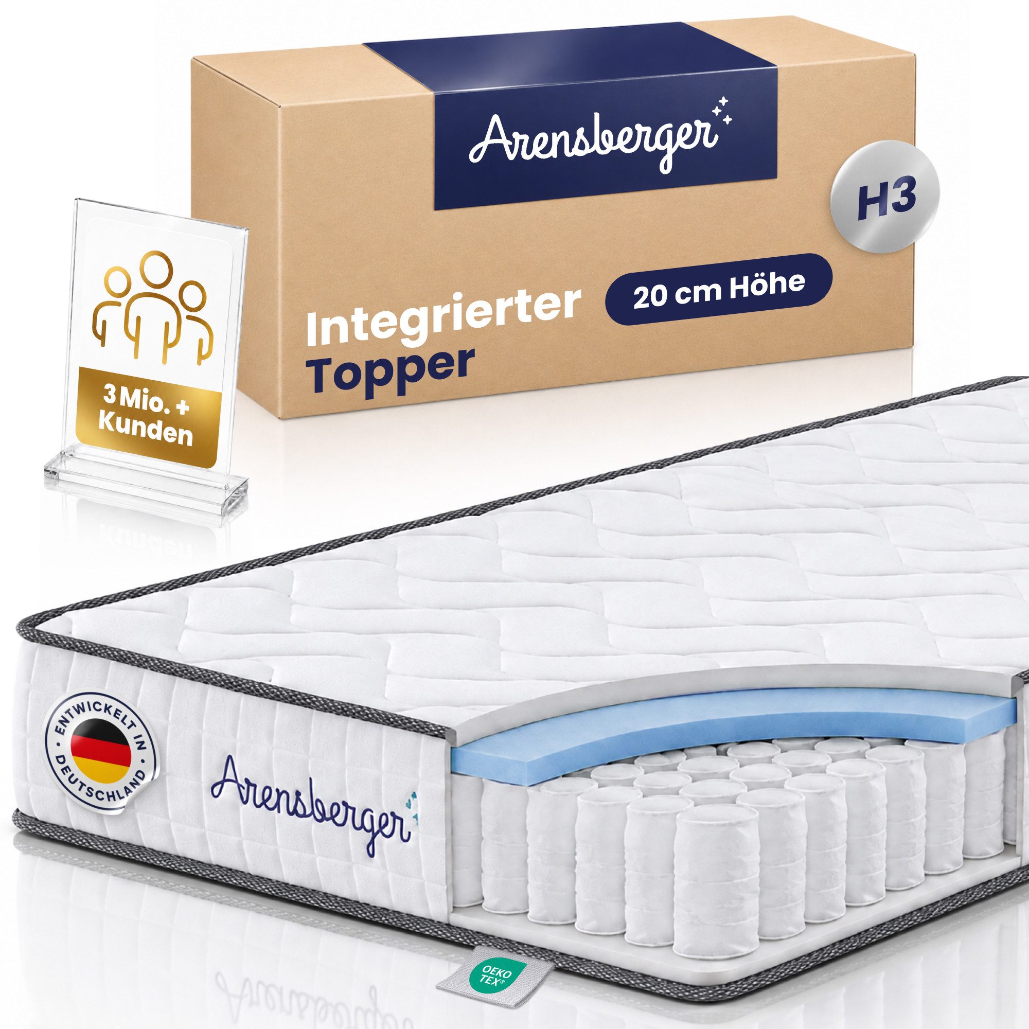 Taschenfederkernmatratze JANA 7 Zonen Matratze, H3 mittelfest, Gelschaum, Federkern, Arensberger, 20 cm hoch, (80 x 200 cm, 80x200cm), Rollmatratze, 20 cm hoch, atmungsaktiv, 90x200 140x200 & mehr