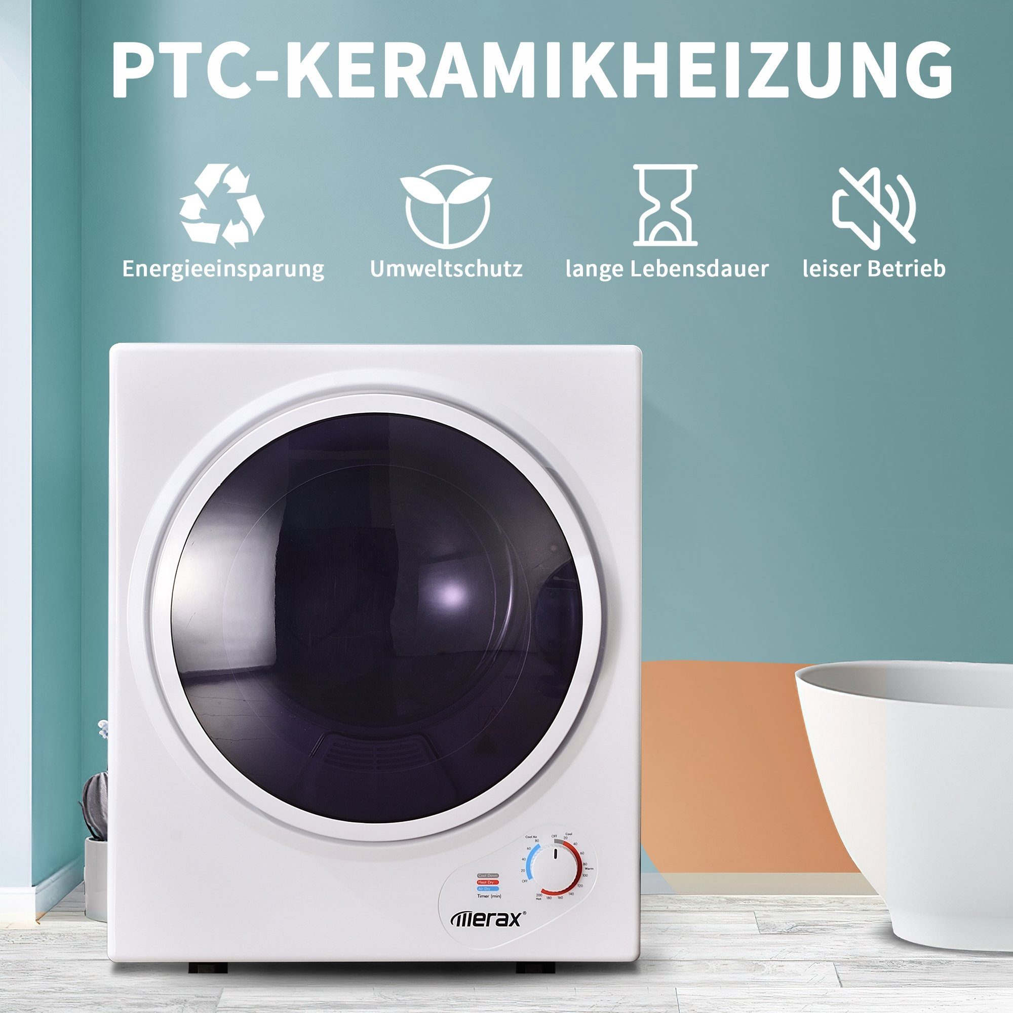 Ablufttrockner bis Doppelte Wärmewahl 65 °C, bis Filterung, freistehend/hängend, Timer 200 20 2.5 PTC-Heizelement, Frontlader, Merax Minuten kg, mini-Wäschetrockner,