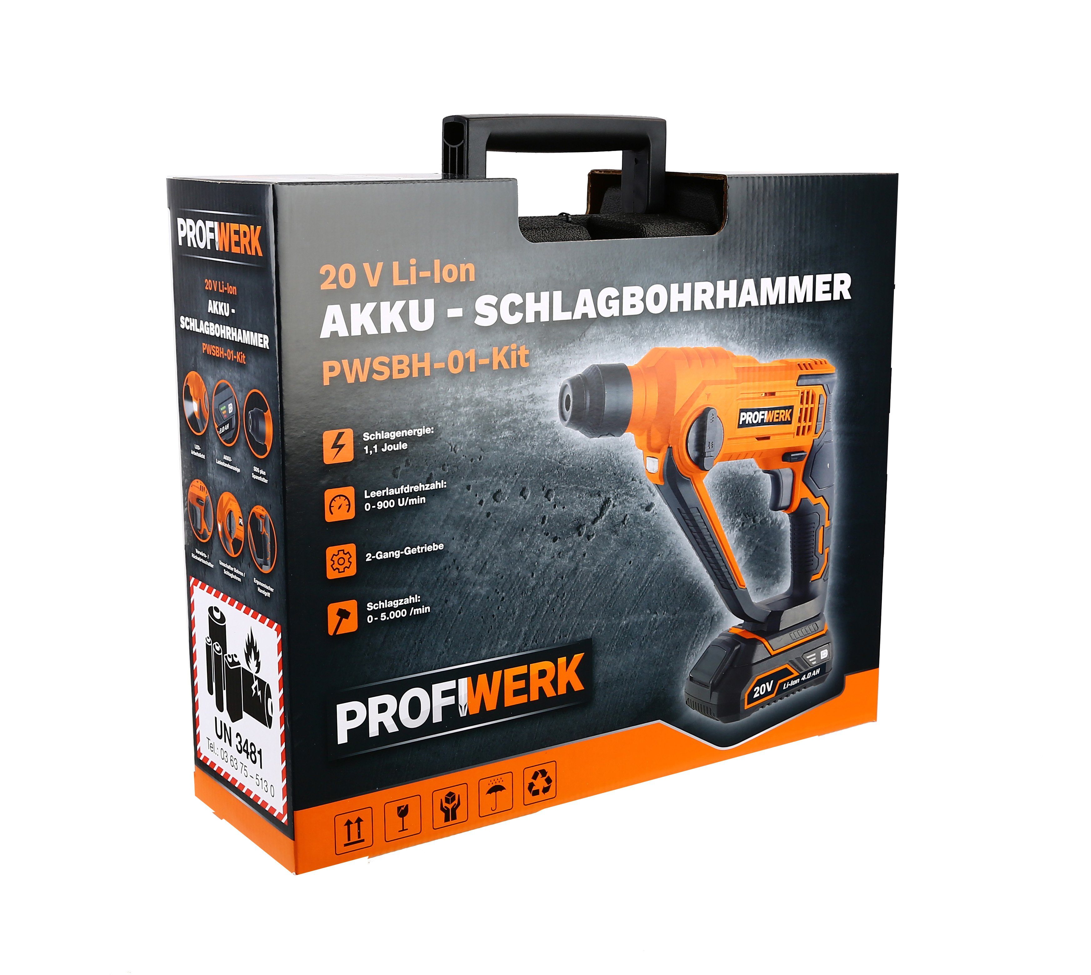 Profiwerk Akku-Schlagbohrmaschine PWSBH-01-Kit 20V, SDS plus, max. 900  U/min, max. Bohrleistung 16/8/10 mm, 4,0Ah Akku, Netzteil, Transportkoffer