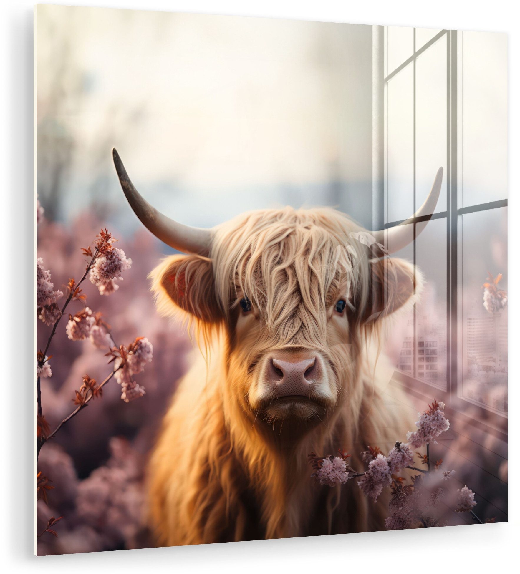 MuchoWow Acrylglasbild Schottischer Highlander - Tierporträt - Blumen - Tier, Inkl. Aufhängung, Bilder auf Glas Wandbild, Wanddeko Wohnzimmer Badezimmer, 20x20 cm