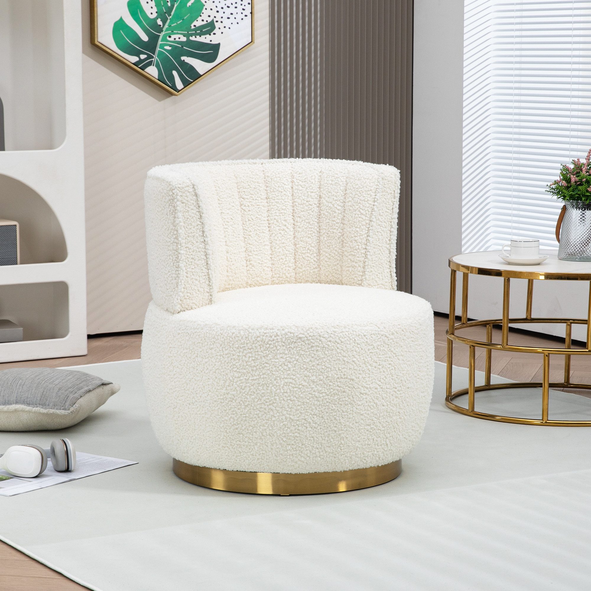 HAUSS SPOLE Drehstuhl 360°Polsterstuhl Relaxsessel Teddy-Bürostuhl, dicht Schaumstoff, Weiß (Moderner 360-Grad-Drehstuhl aus Teddy-Samt – Komfortable Rückenlehne, stabile Struktur,Tragfähigkeit 150 kg., 1 St)